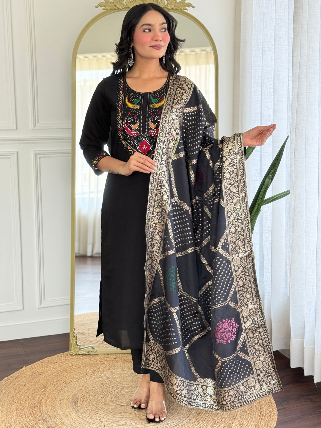 Black Roman Silk Kurta Pant with Heavy Thread Embroidery Sequins Work With Jacquard Dupatta