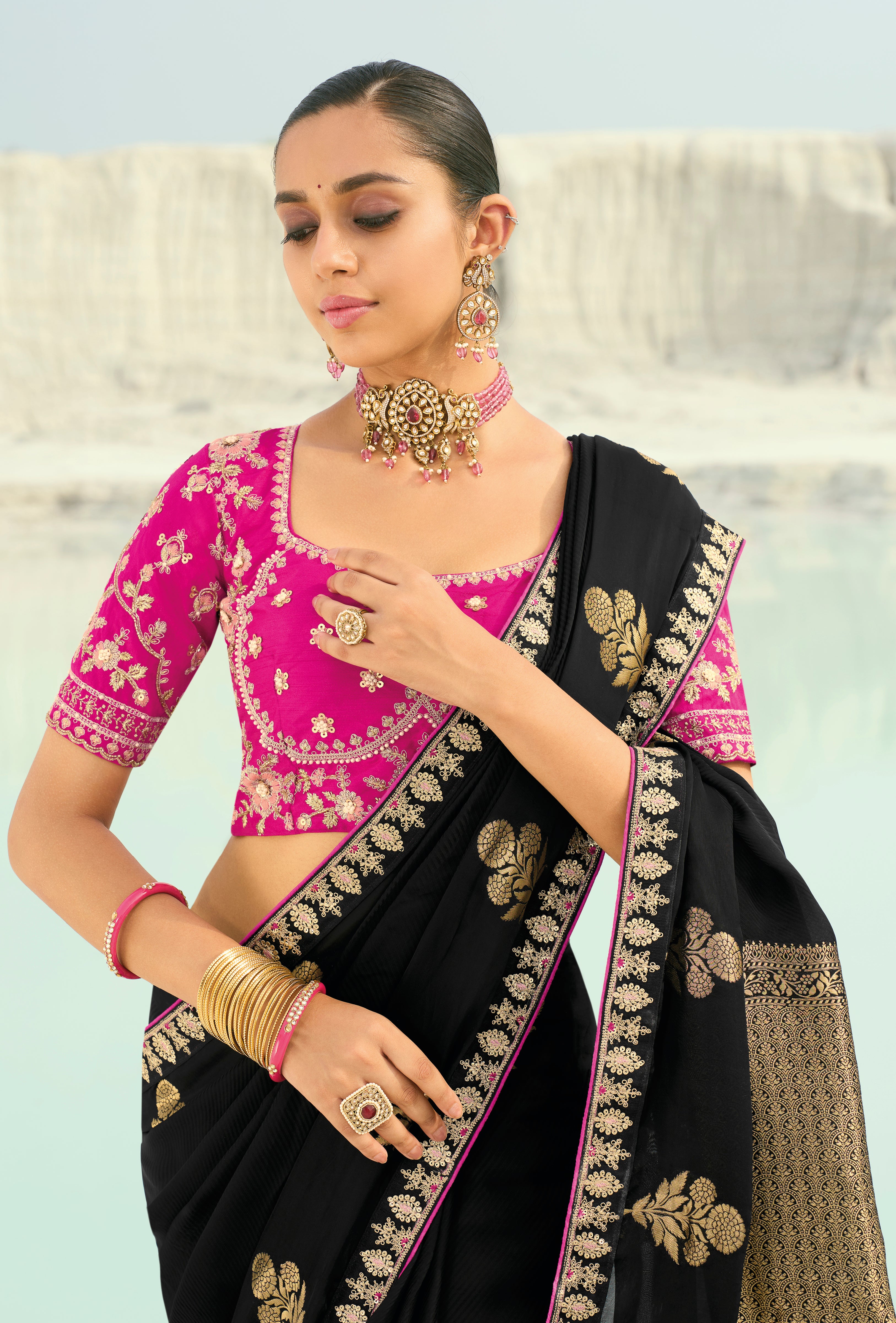 Black Saree With  Coding Border With Cut-Dana, Moti Heavy Work Blouse