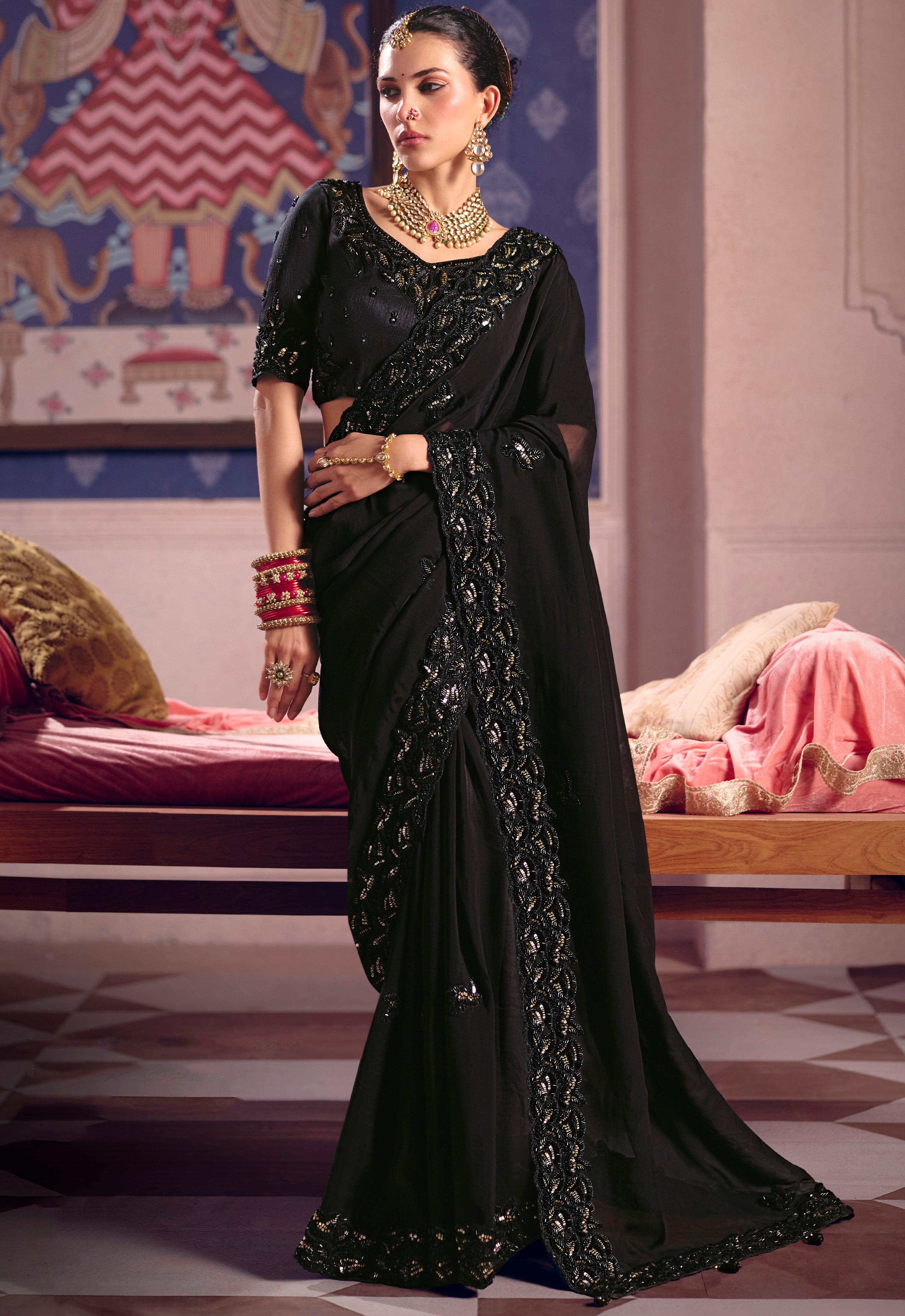 Black Saree With  Heavy Embroidery, Beads With Sequince Work