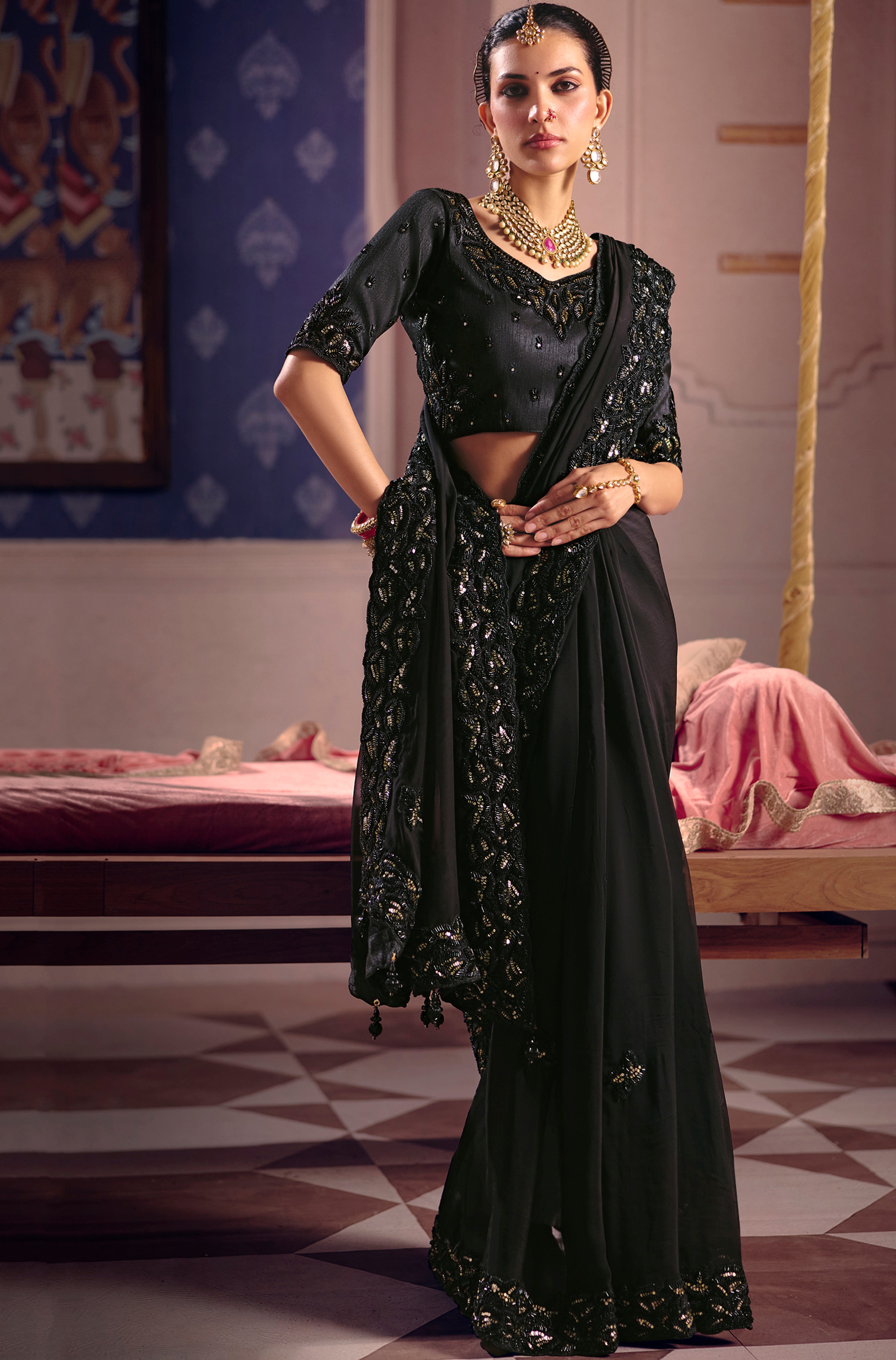 Black Saree With  Heavy Embroidery, Beads With Sequince Work