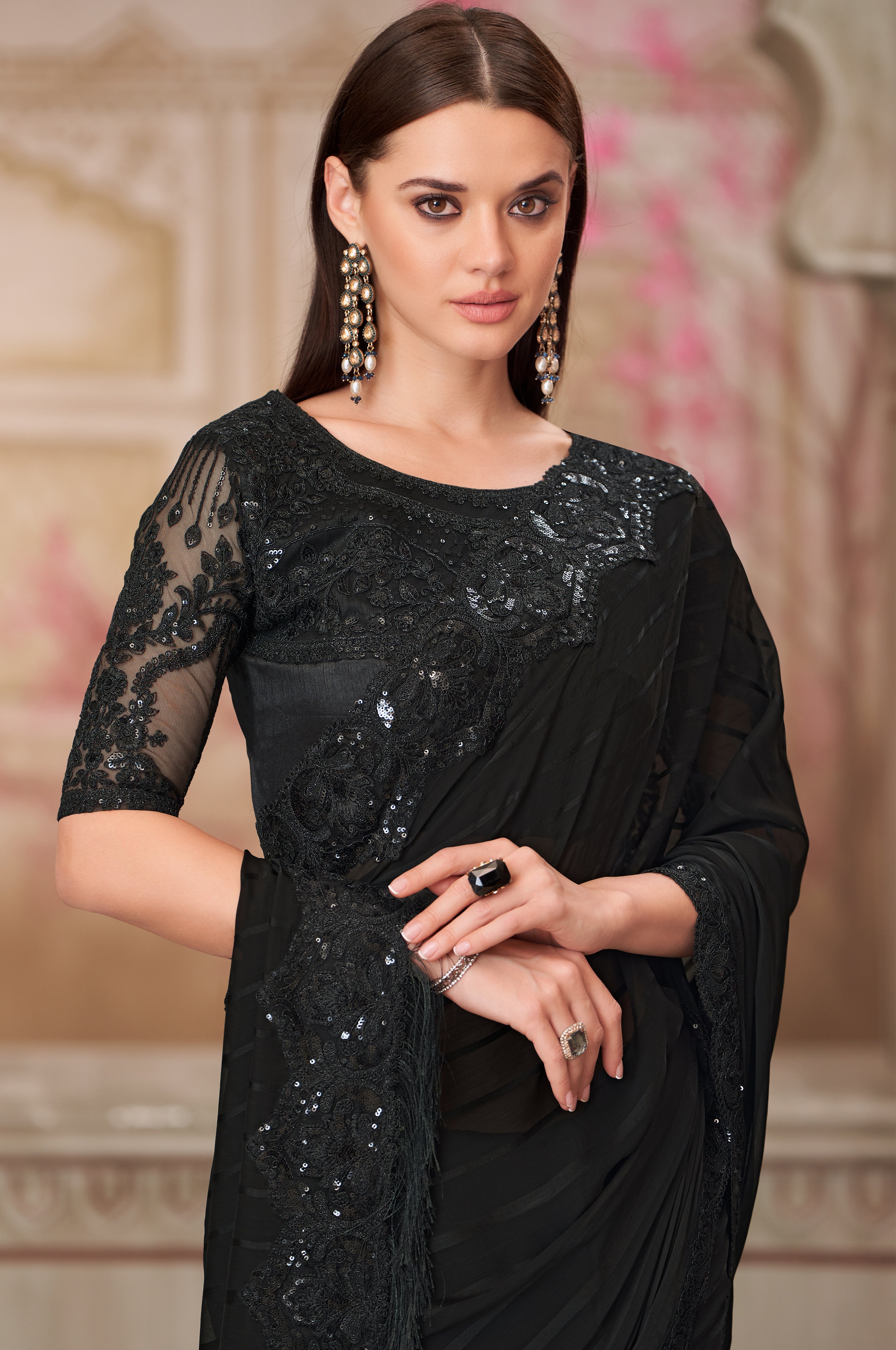 Black Saree With  Heavy Thread Embroidery Sequins Border Work With Embroidery Blouse
