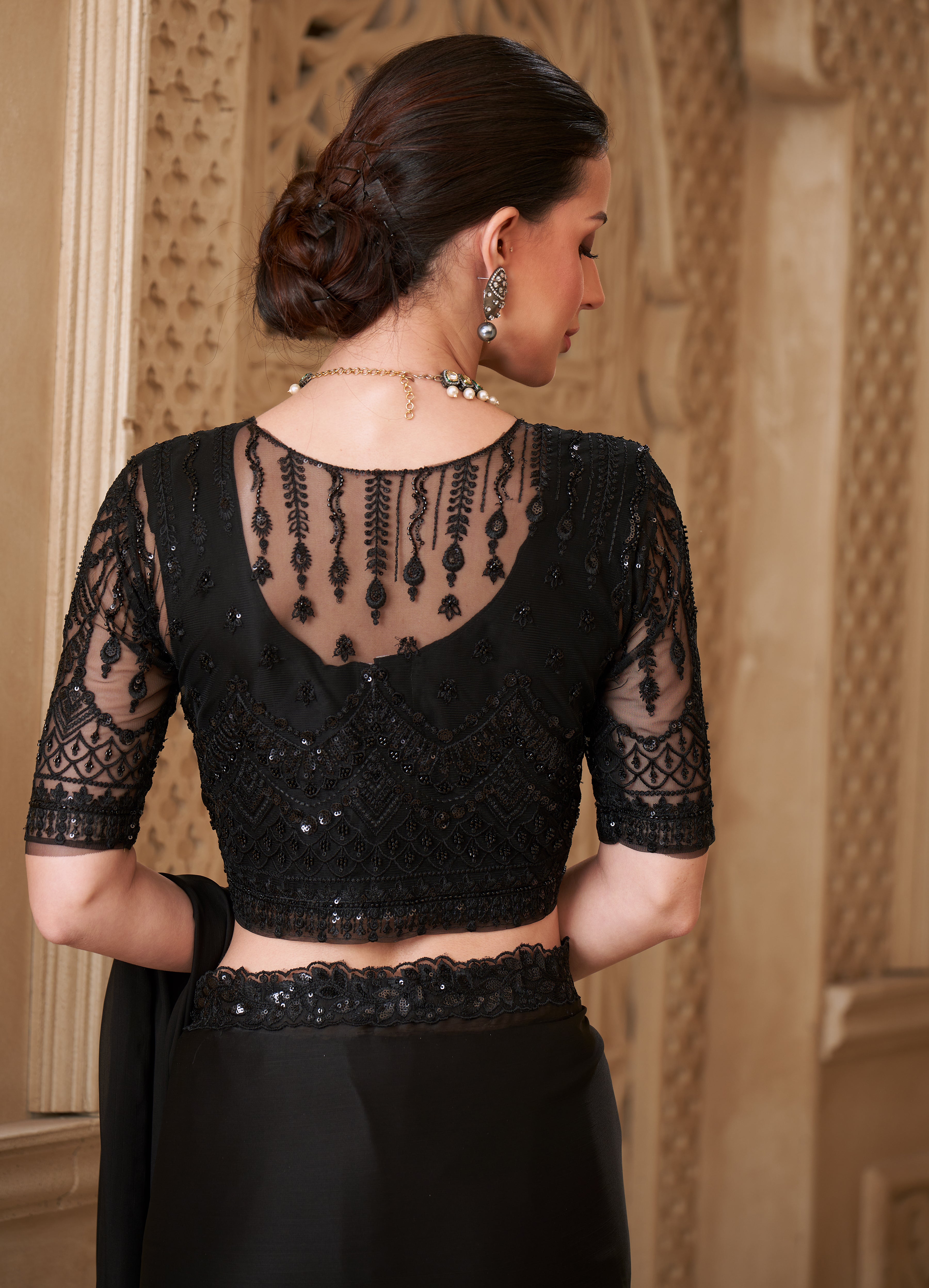 Black Saree With  Heavy Thread Embroidery Sequins Border Work With Embroidery Blouse Jacket