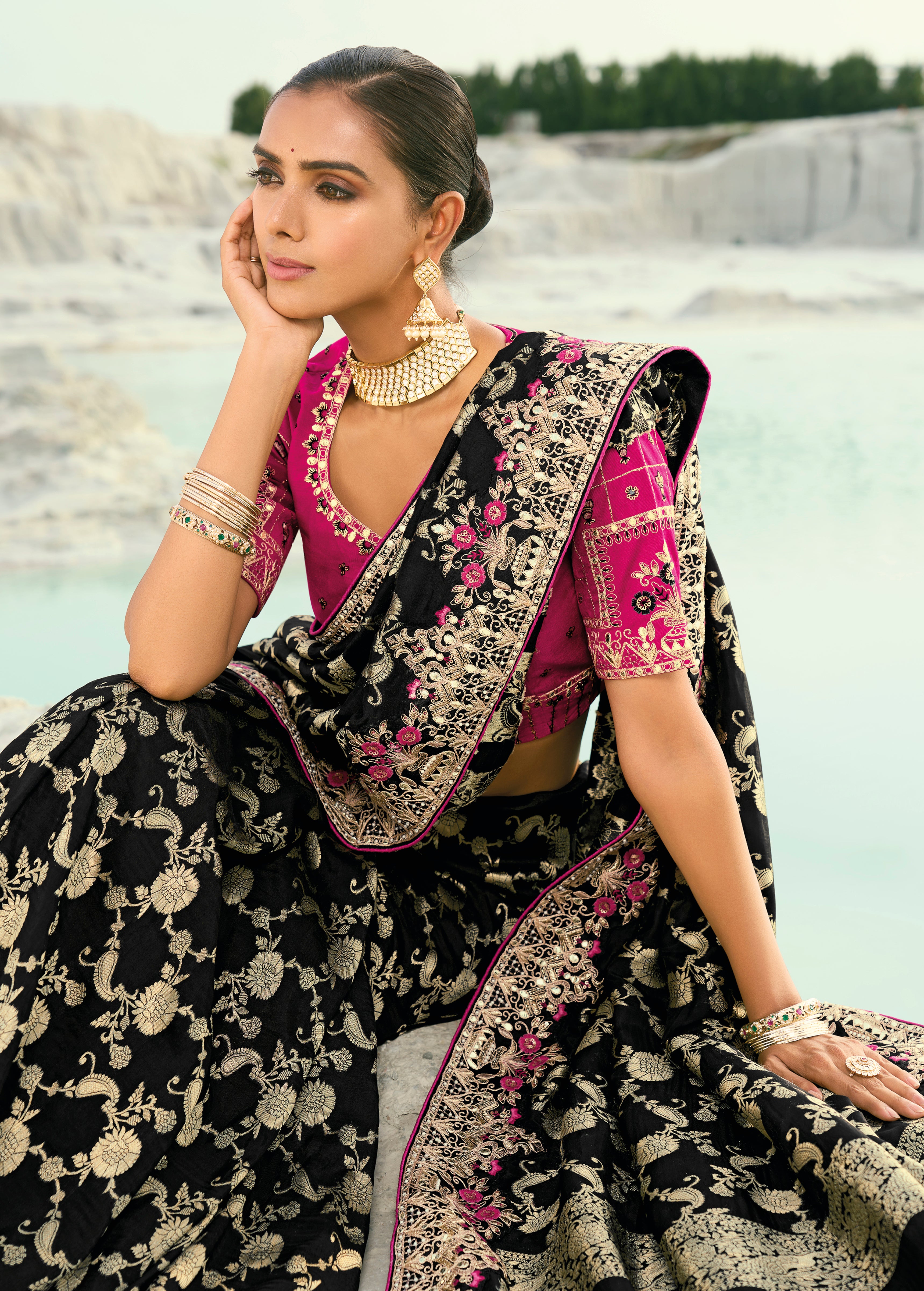 Black Saree With  Jari, Thread, Moti With Cut-Dana Heavy Work