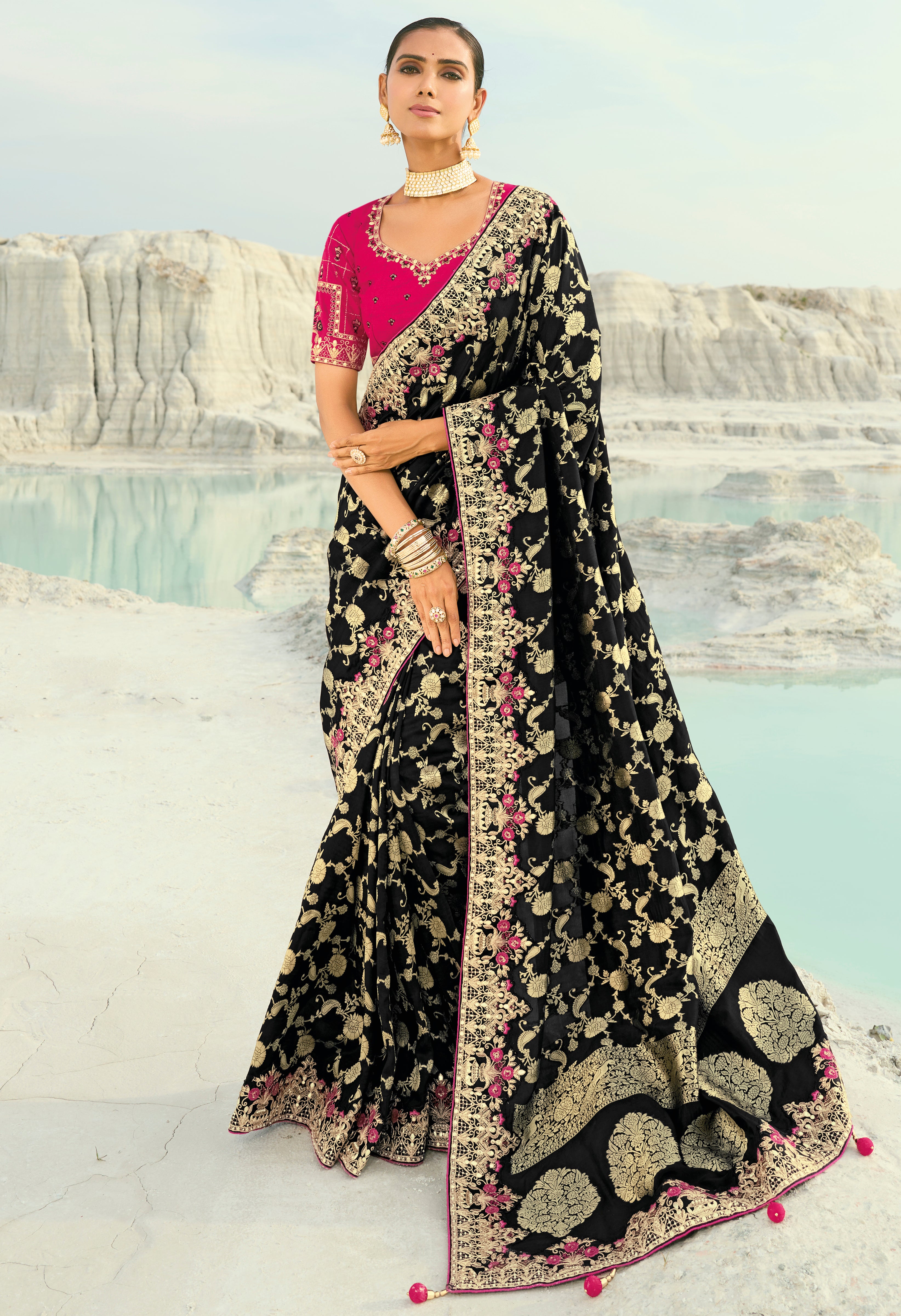 Black Saree With  Jari, Thread, Moti With Cut-Dana Heavy Work