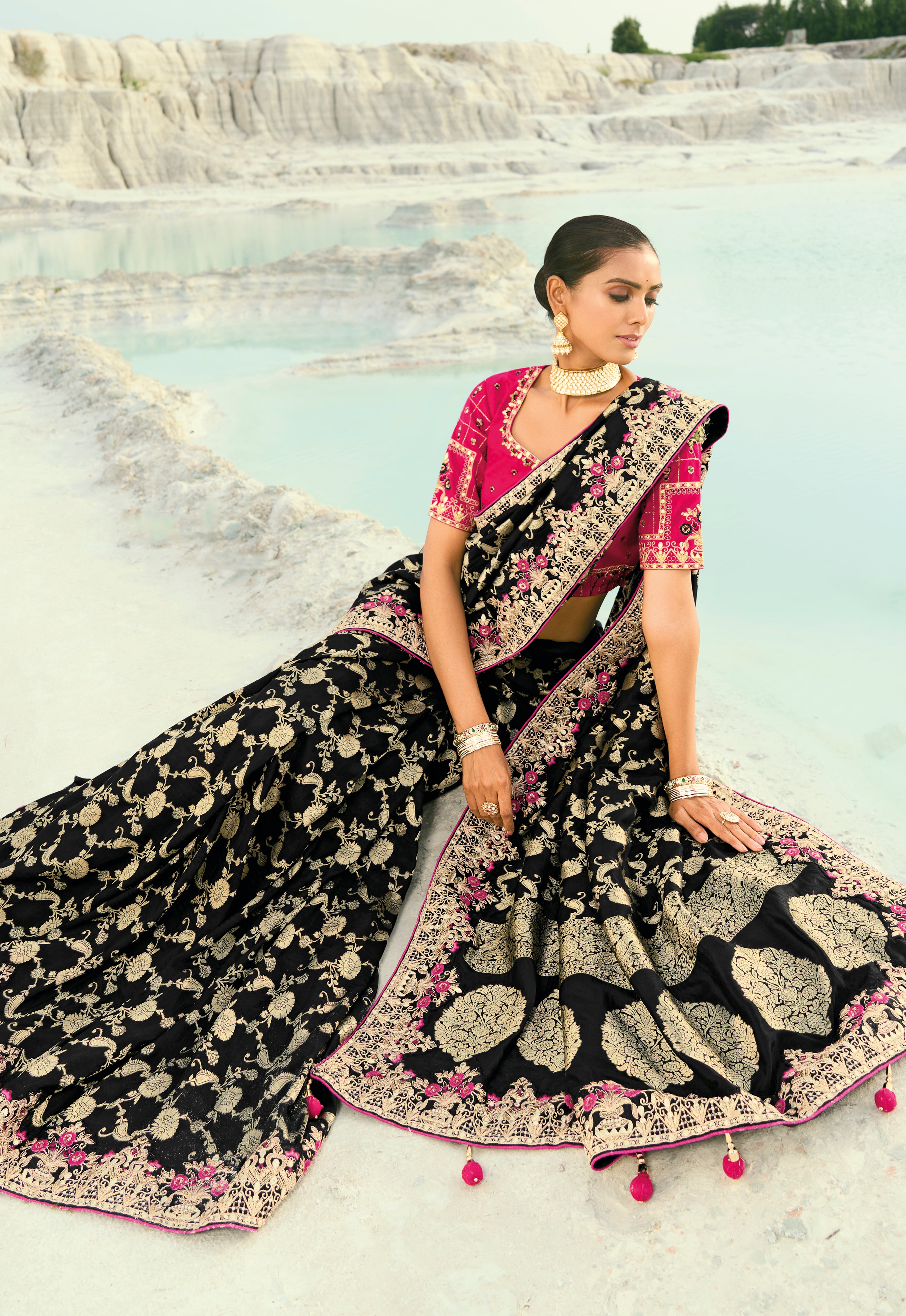 Black Saree With  Jari, Thread, Moti With Cut-Dana Heavy Work