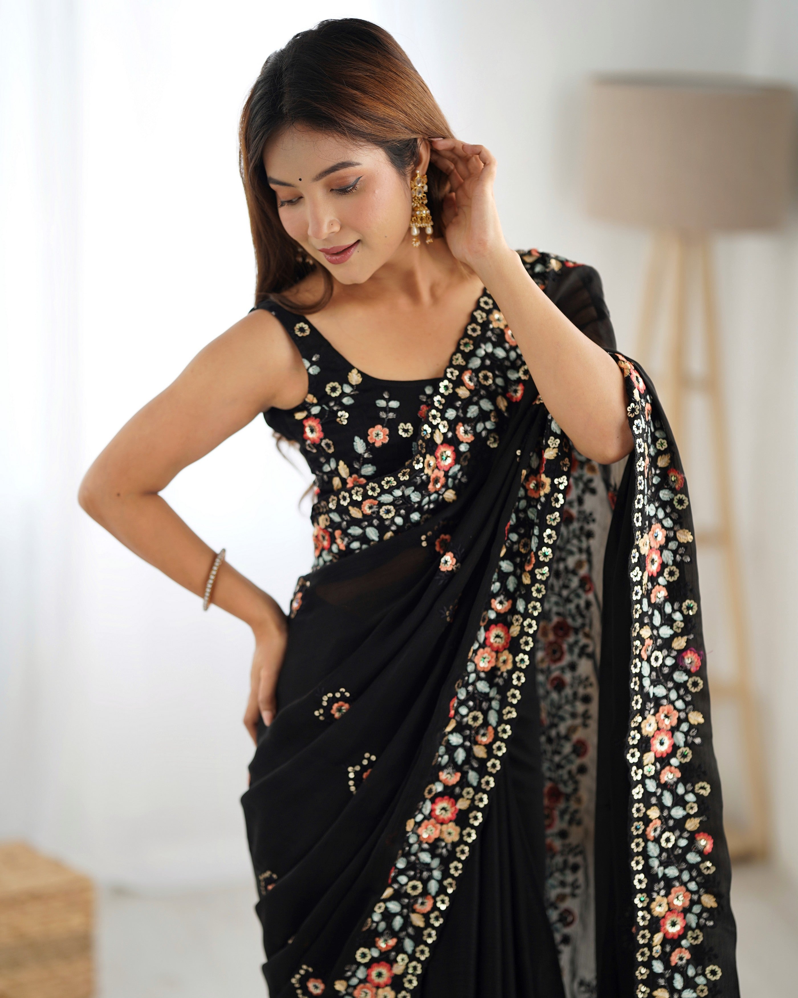 Black Satin Chiffon Heavy Bollywood Style Ceremonial Saree