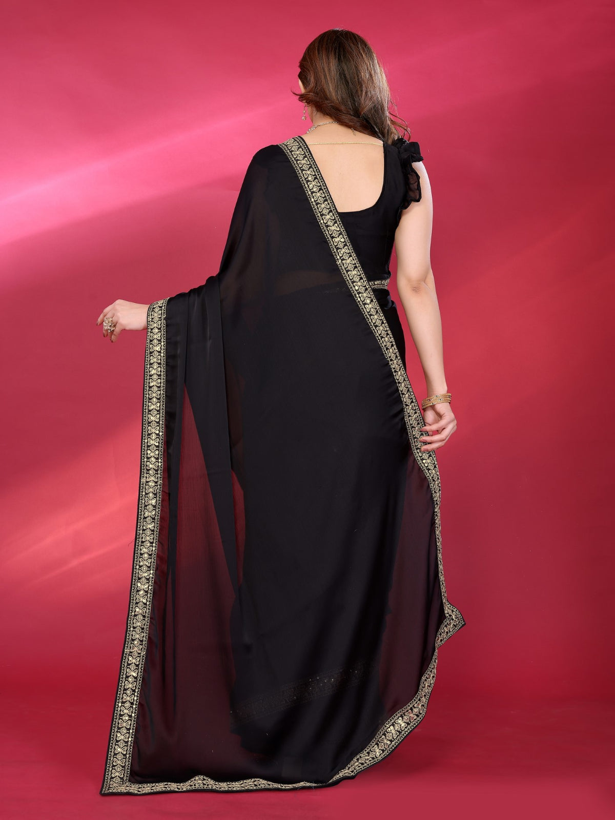 Black Satin Chiffon Saree With Plain Saree With Embroidery Work Lace