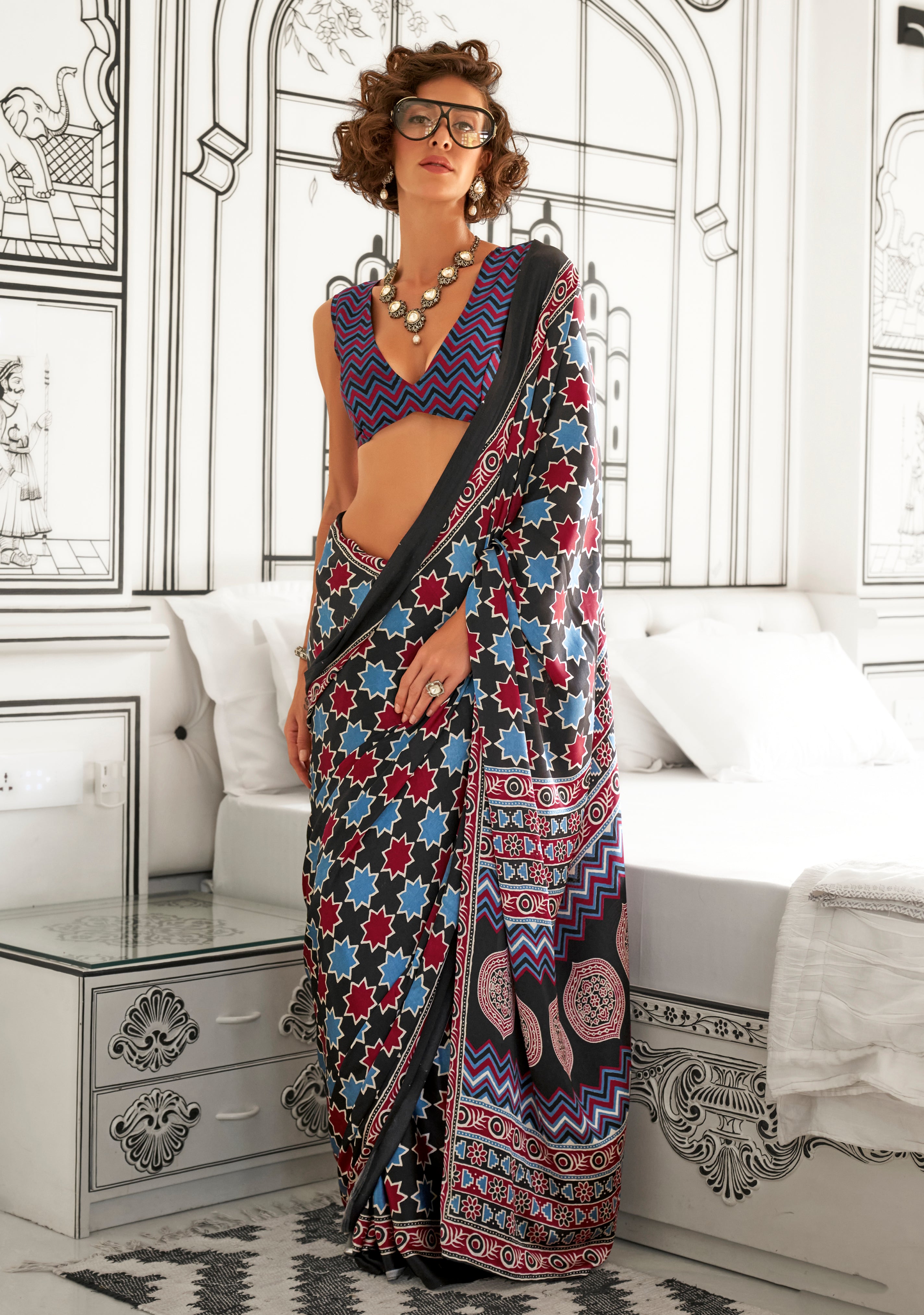 Black Satin Crape Saree With  Digital Print