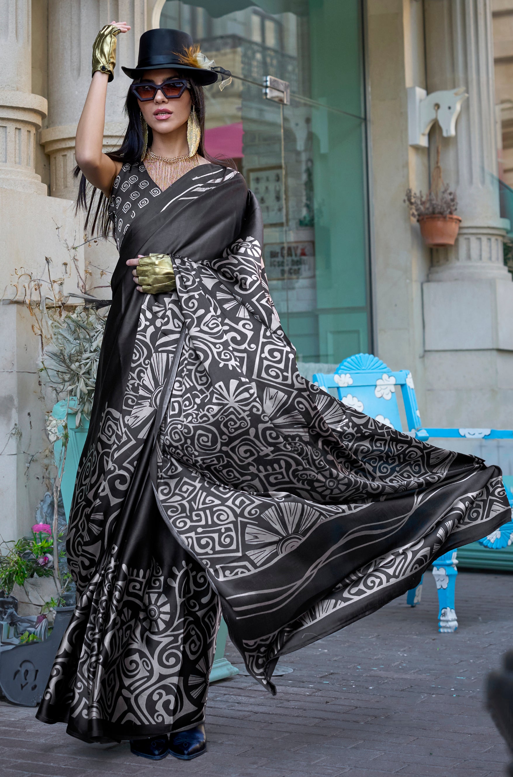 Black Satin Saree With  Digital Print