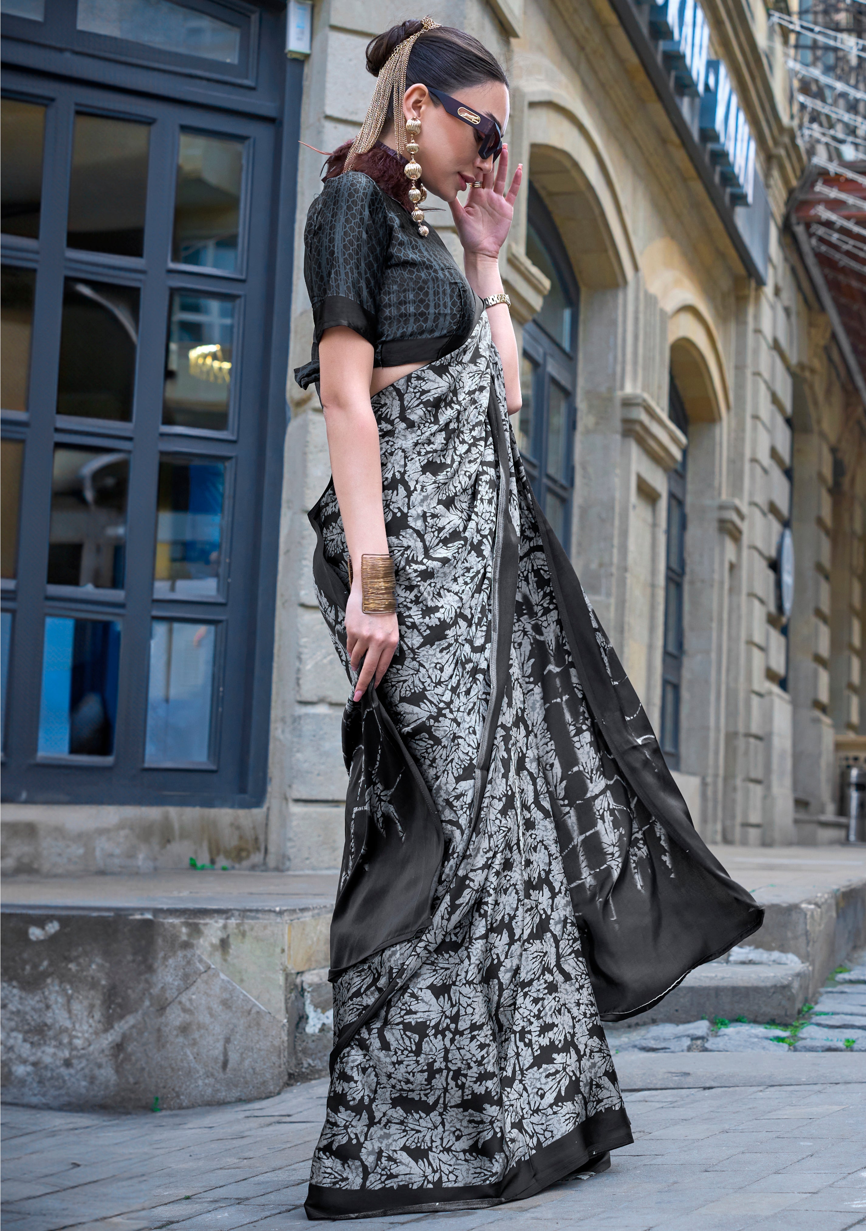 Black Satin Saree With  Digital Print