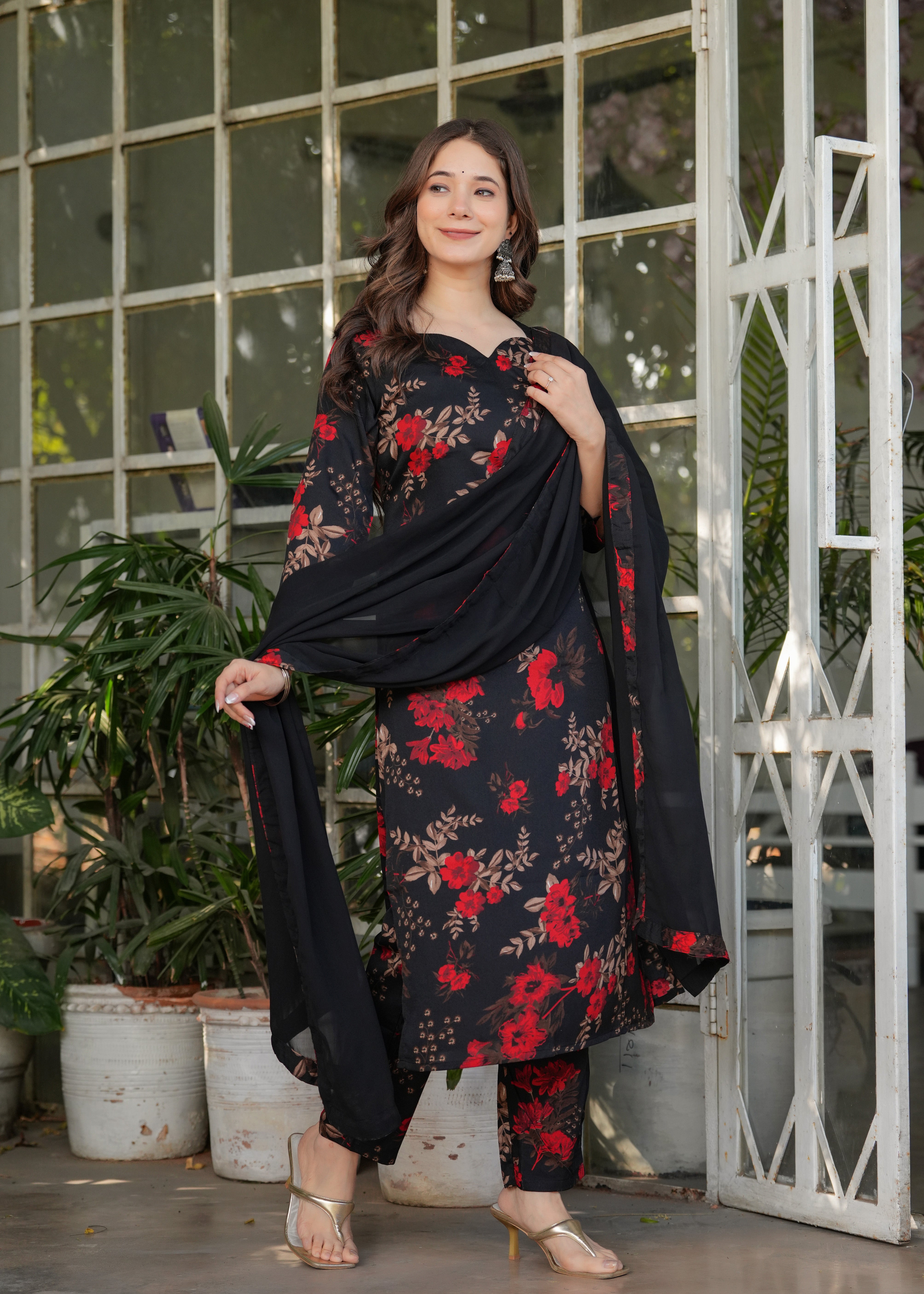 Black Silk Blend Elegant Kurta Pant Set With Print
