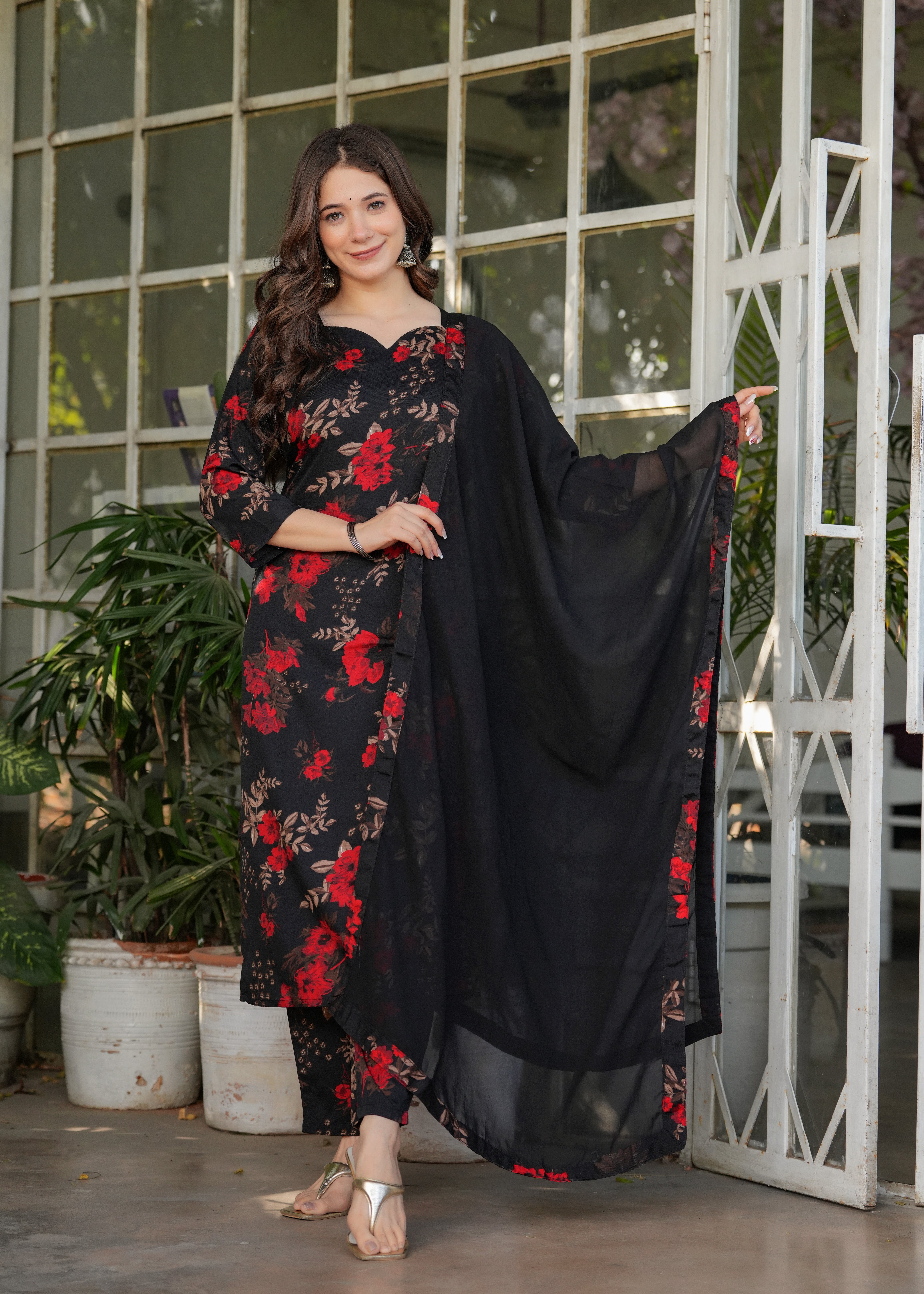 Black Silk Blend Elegant Kurta Pant Set With Print