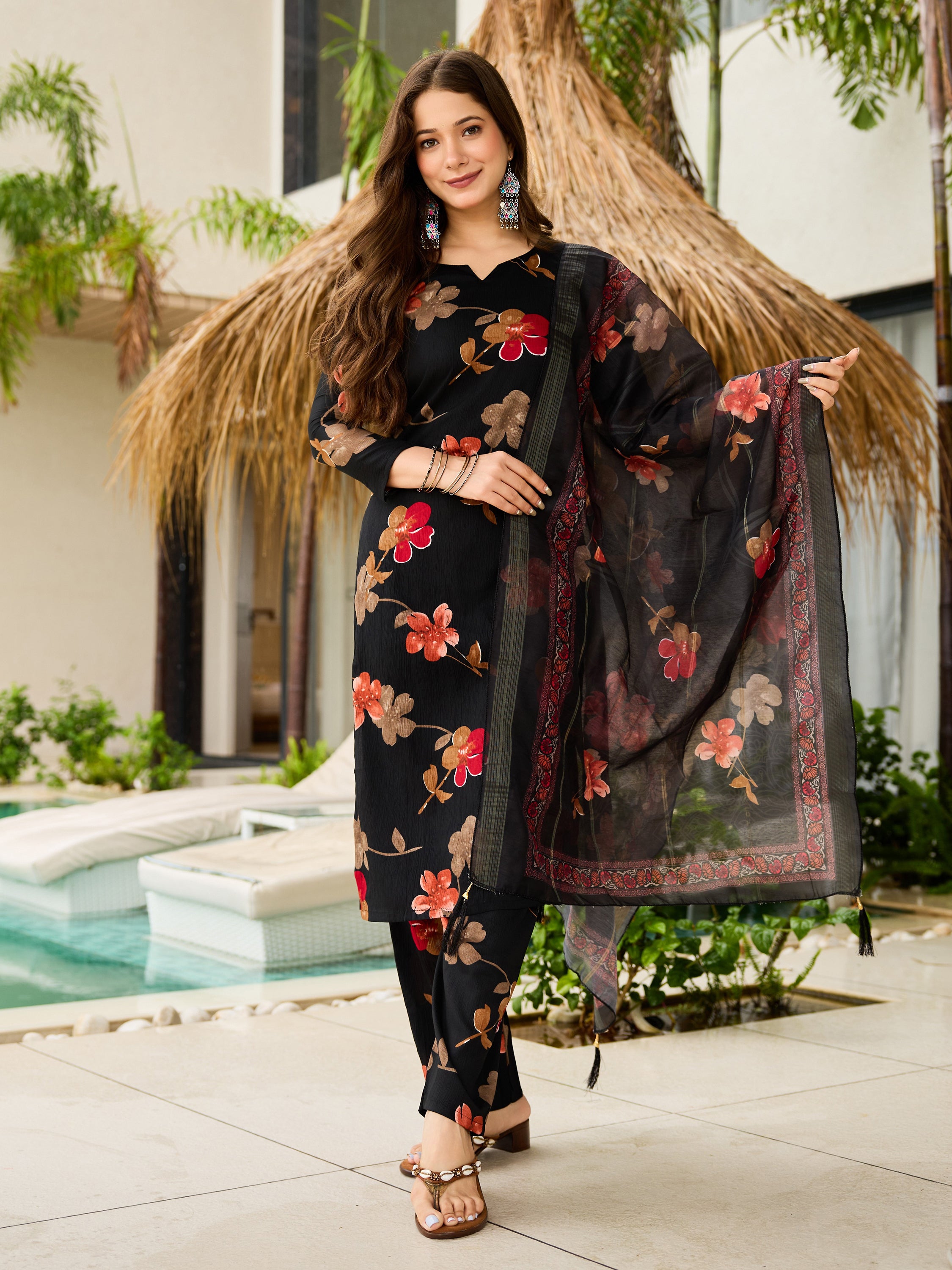 Black Silk Blend Kurta Pant Set  Printed