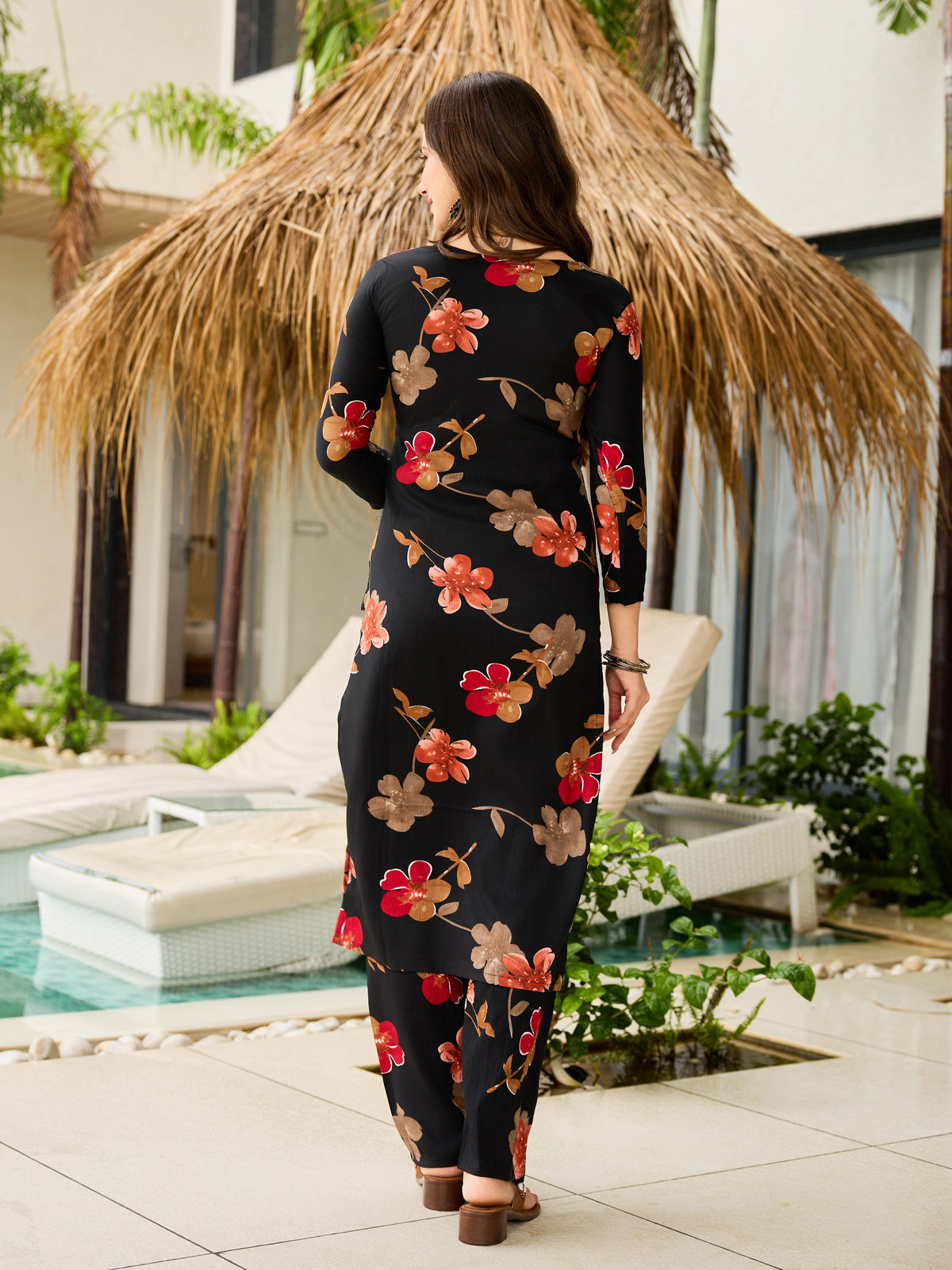 Black Silk Blend Kurta Pant Set  Printed
