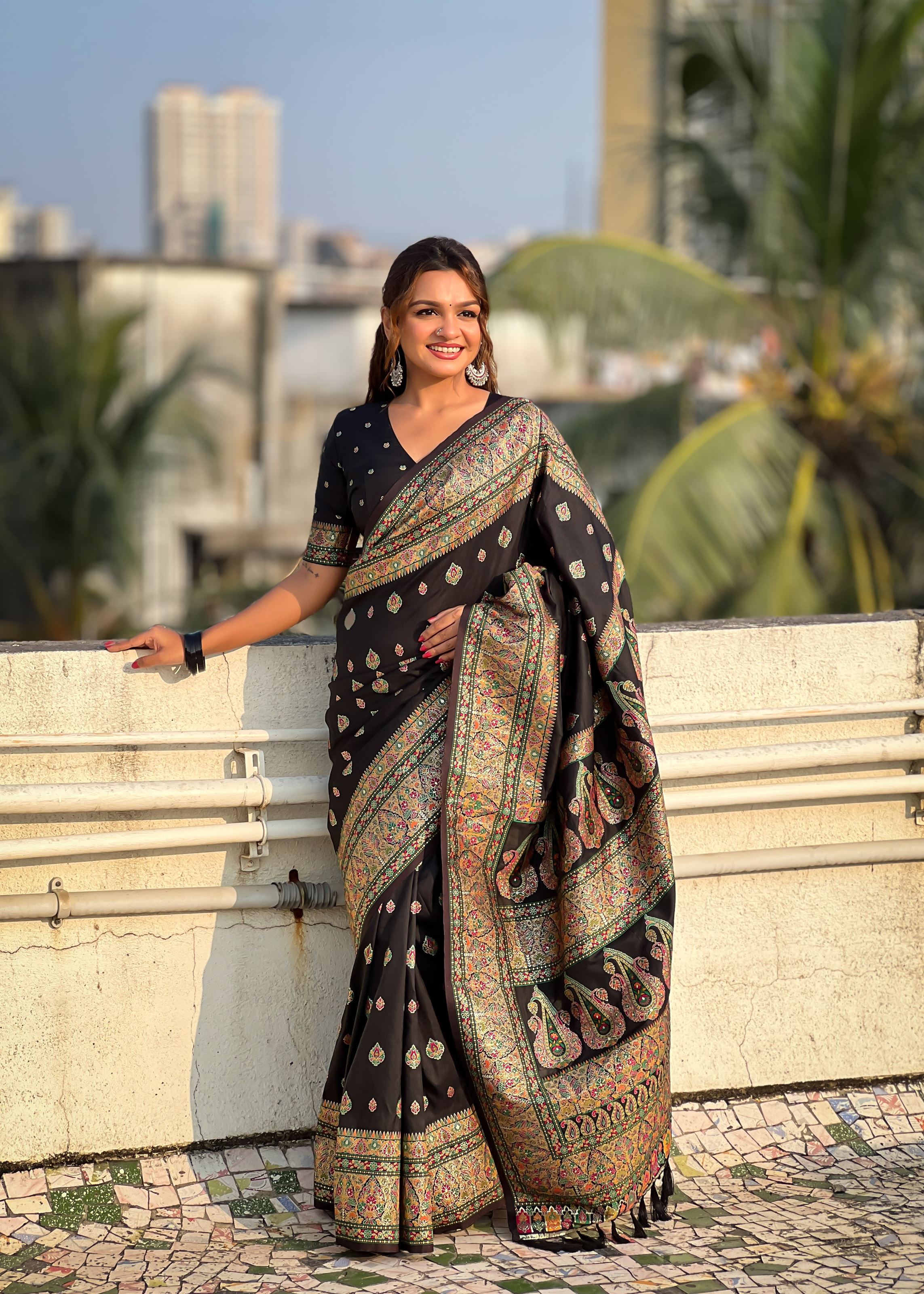 Black Silk Blend Saree With Meenakari Kashmiri woven Work