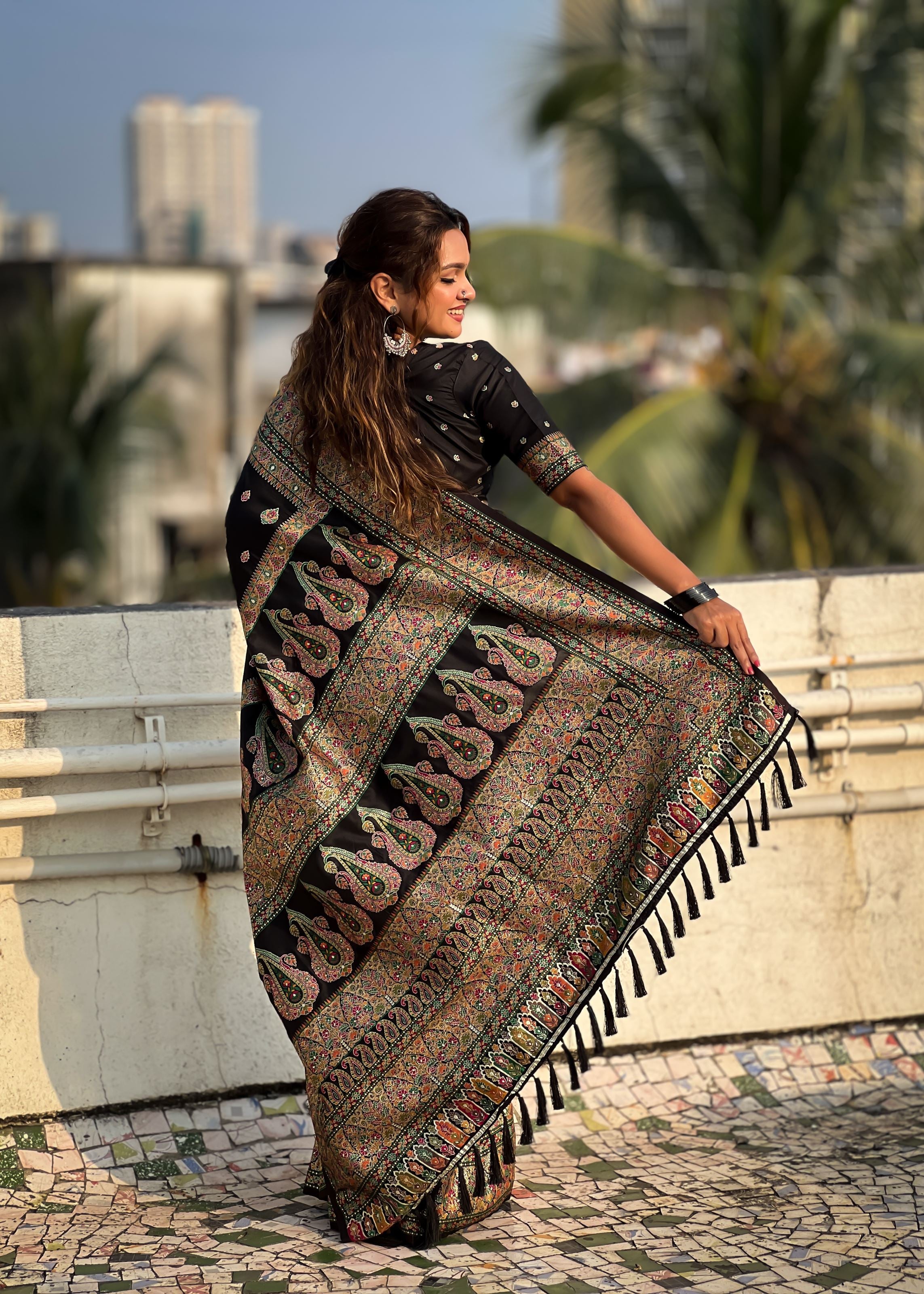 Black Silk Blend Saree With Meenakari Kashmiri woven Work