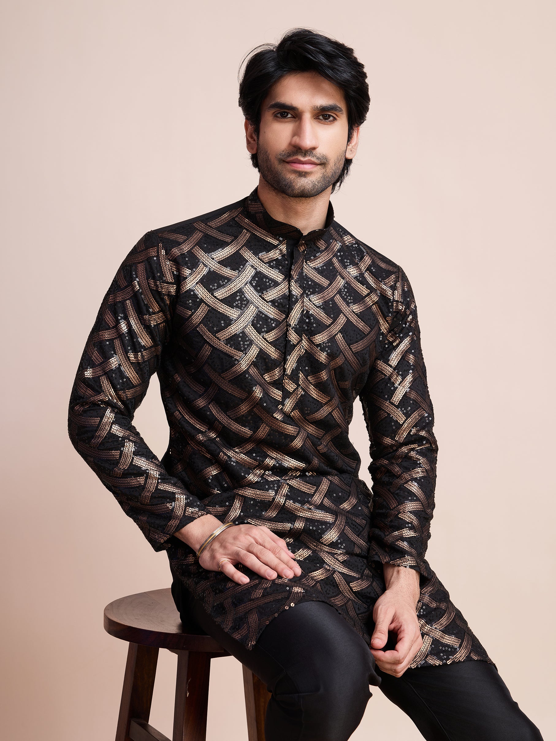 Black Silk Heavy Embroidered Kurta – Glam Party Look