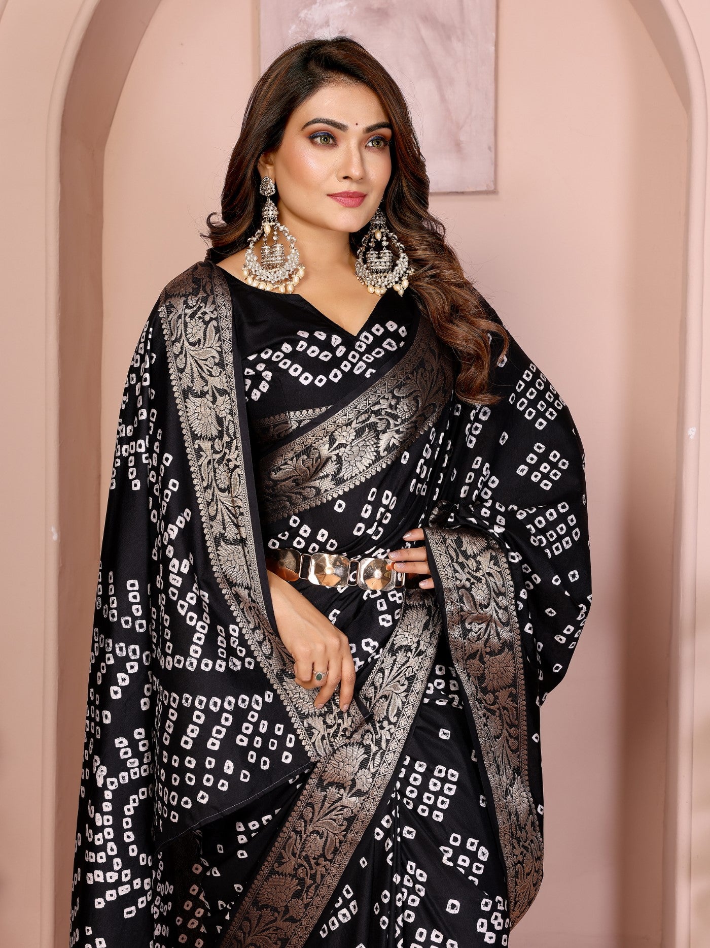 Black Silk Saree With Bandhej And Elegant Zari Weaving