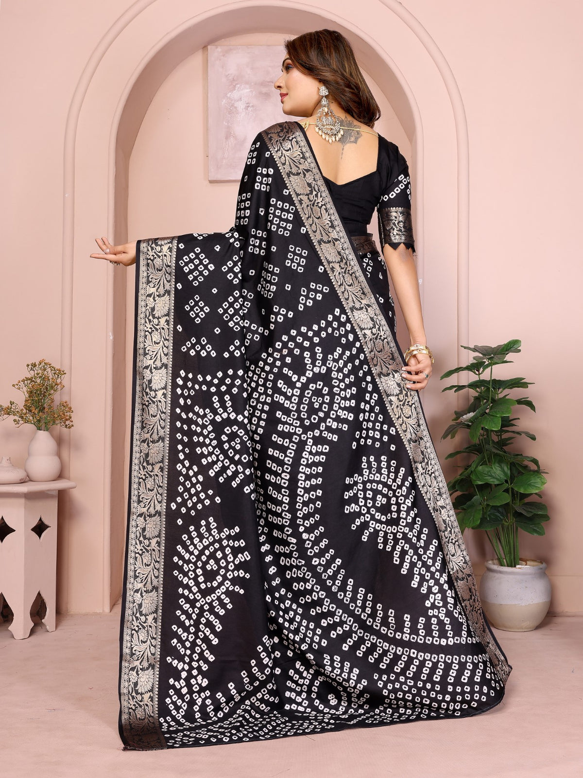 Black Silk Saree With Bandhej And Elegant Zari Weaving