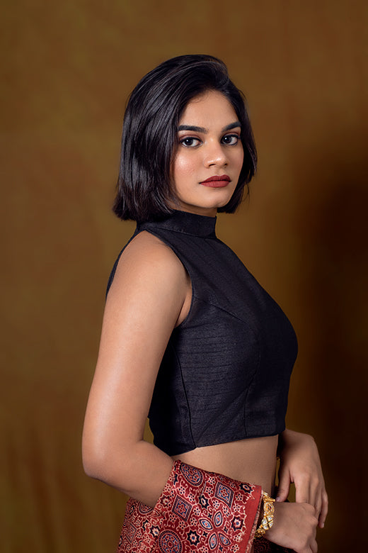 Black Sleeveless Blouse In A High Collar And A Halter Neckline with Back-Zip Closure