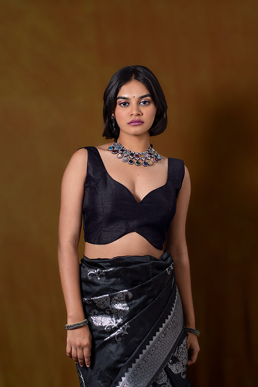 Black Sleeveless Blouse in Art Silk With Sweetheart Neckline