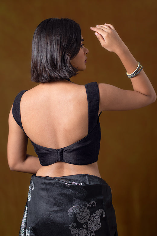 Black Sleeveless Blouse in Satin with Round Neckline