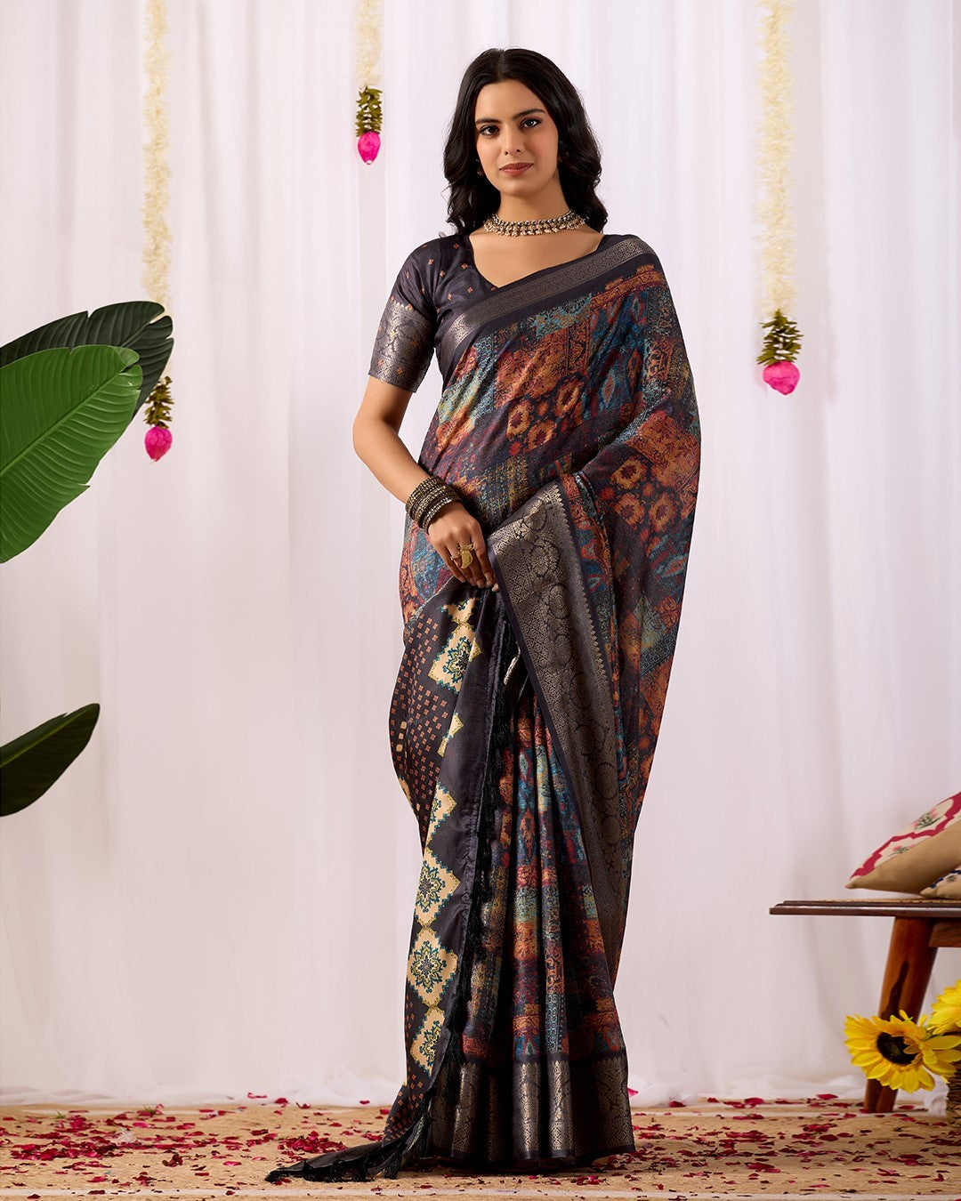Black Soft Lichi Silk Saree With Digital Printed Classic Designer Saree