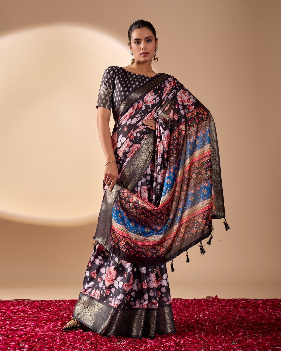 Black Soft Lichi Silk Saree With Digital Printed Premium Classic Saree