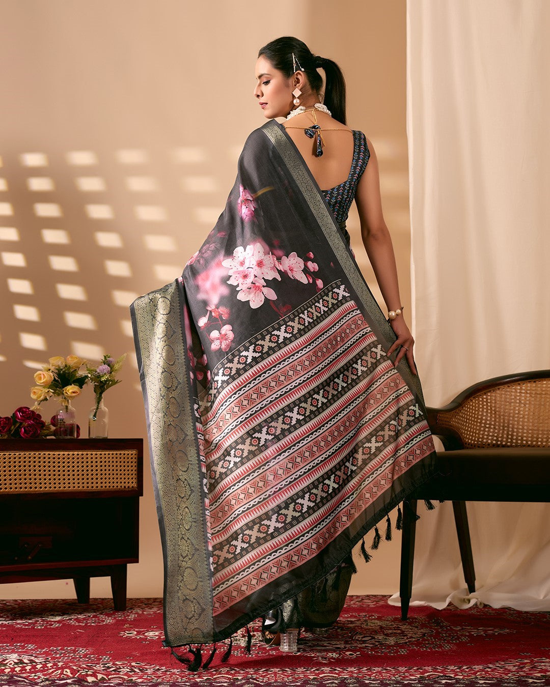 Black Soft Lichi Silk Saree With Digital Printed Premium Traditional Saree