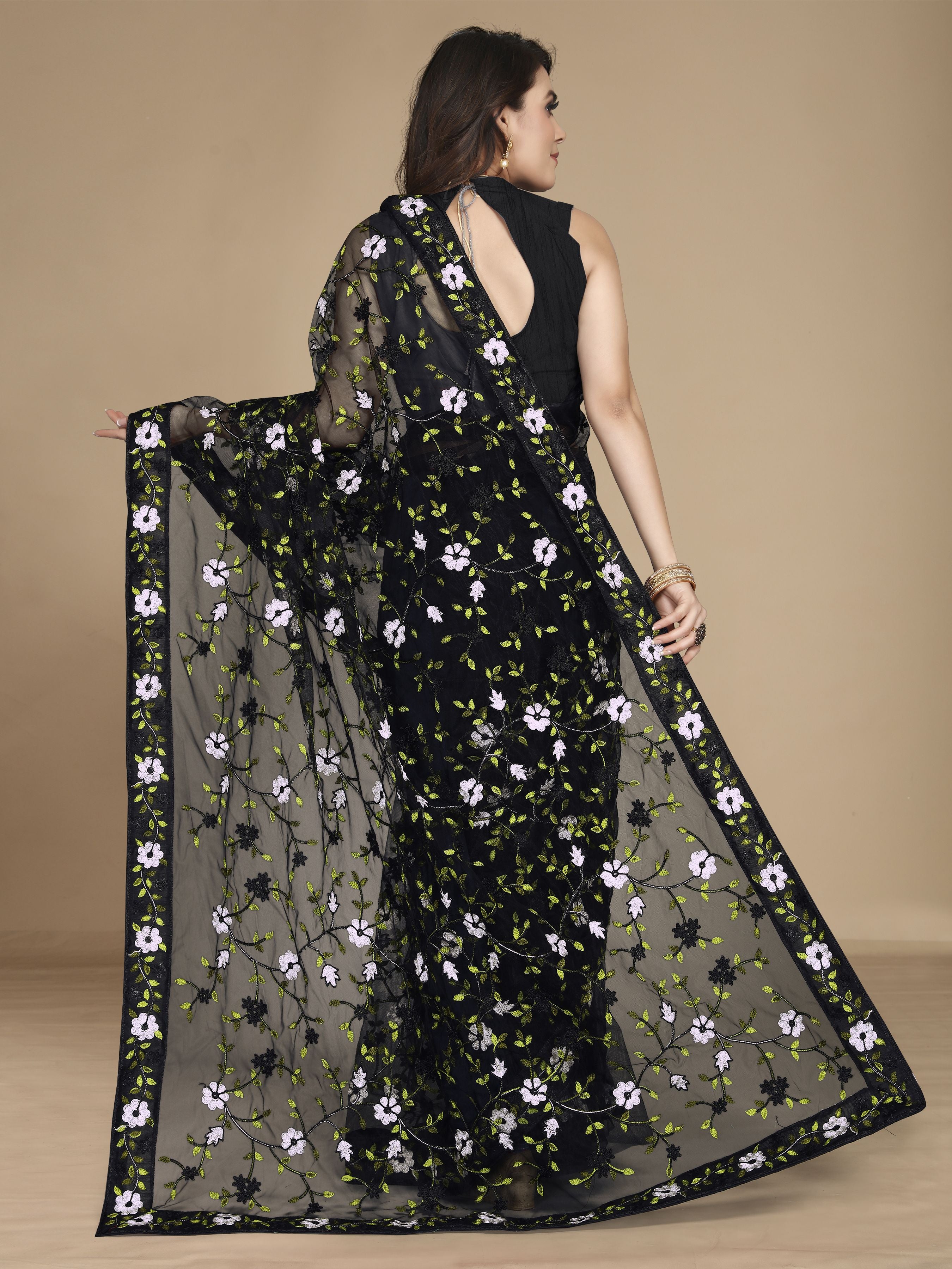 Black Soft Net Designer Multy Thread Embroidery Work Smart Partywear Saree