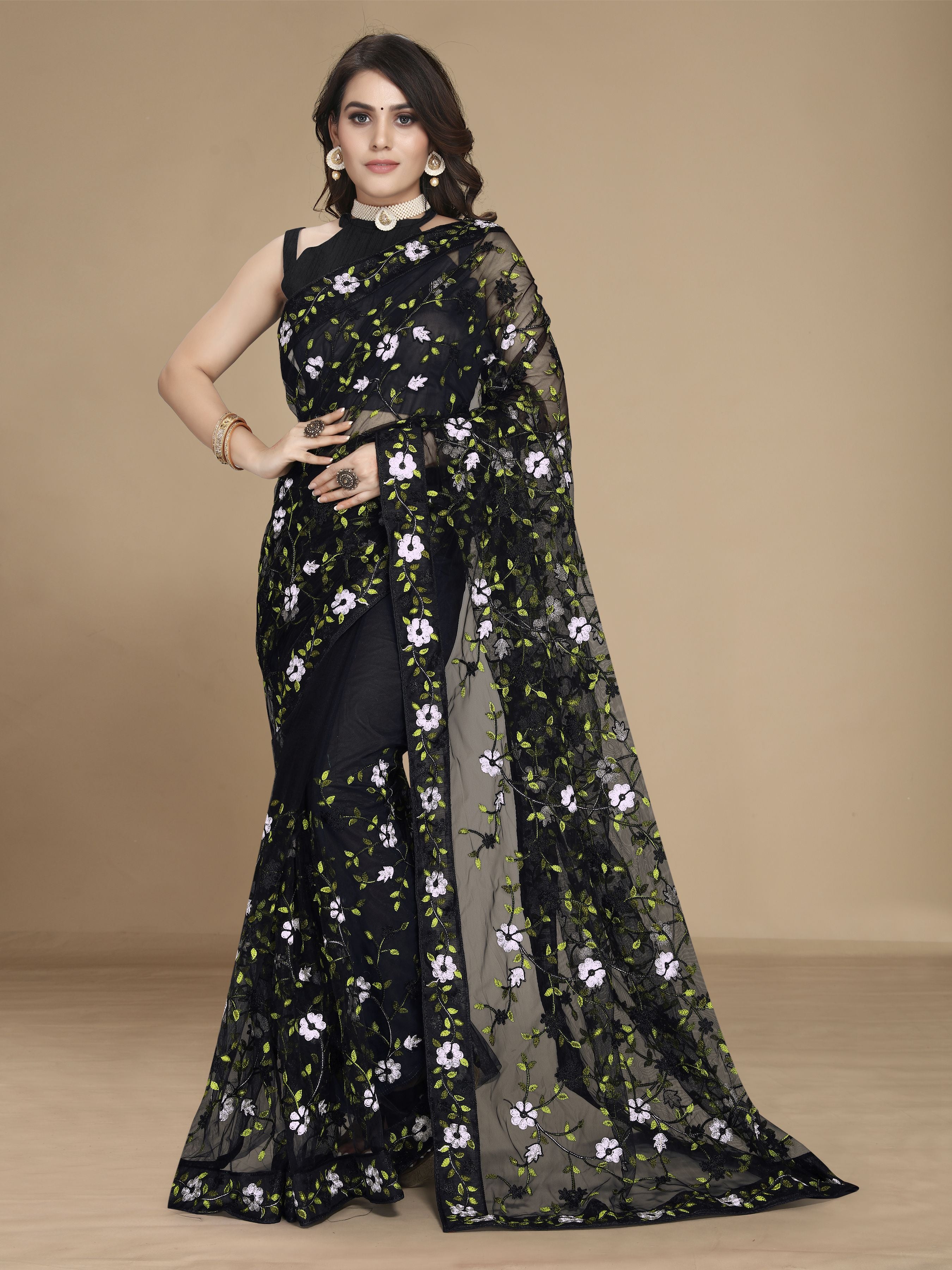 Black Soft Net Designer Multy Thread Embroidery Work Smart Partywear Saree
