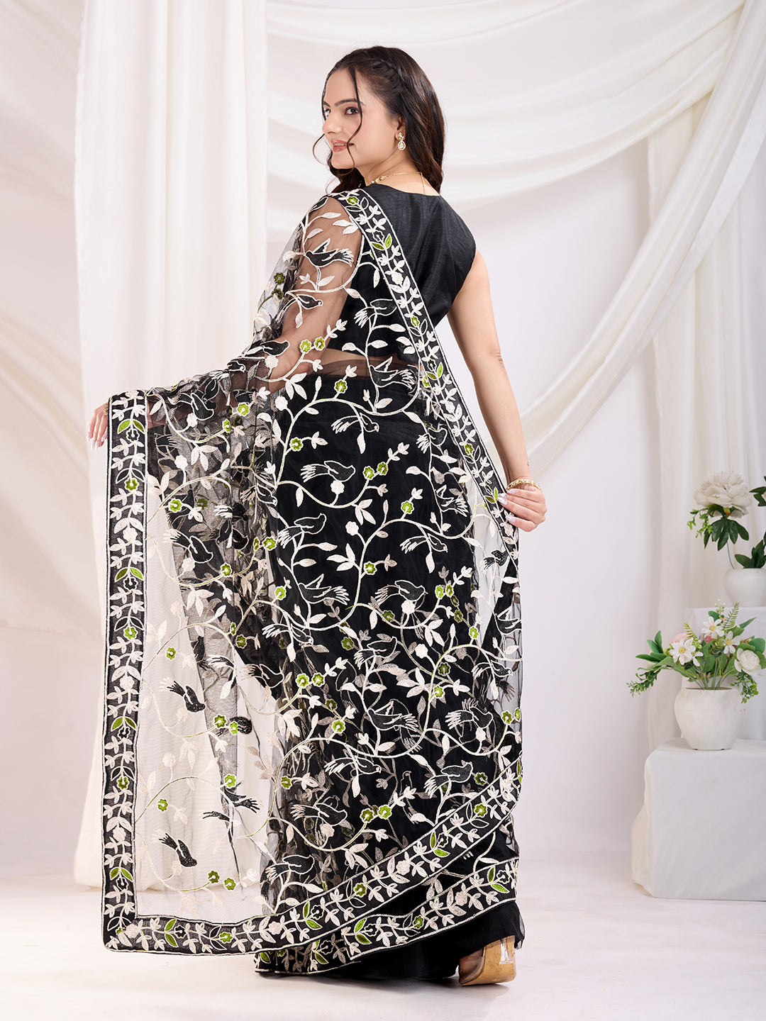 Black Soft Net Designer Thread Embroidery Work Girlie Partywear Saree