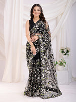 Black Soft Net Designer Thread Embroidery Work Girlie Partywear Saree