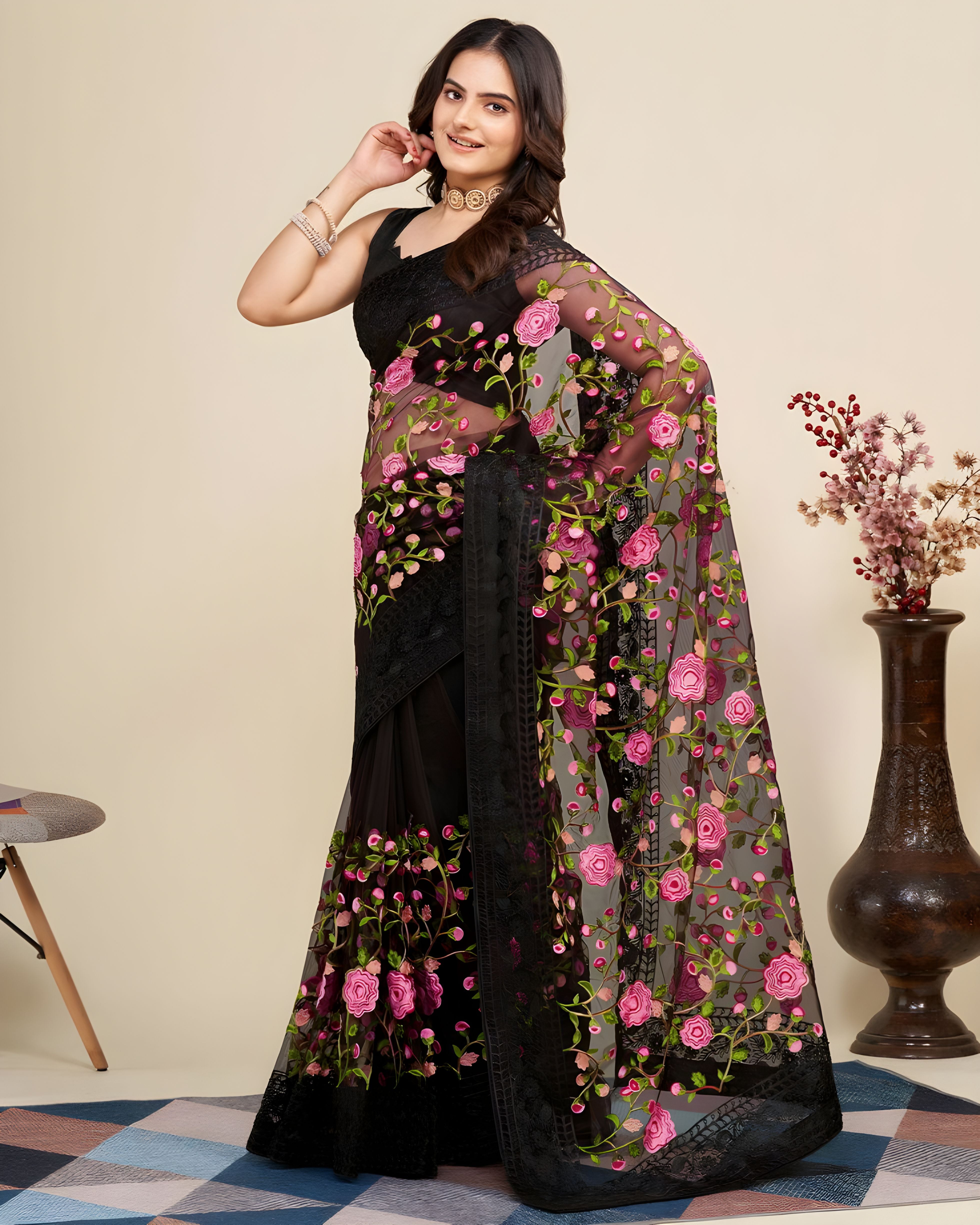 Black Soft Net Saree with C Pallu Chikankari Embroidery Work