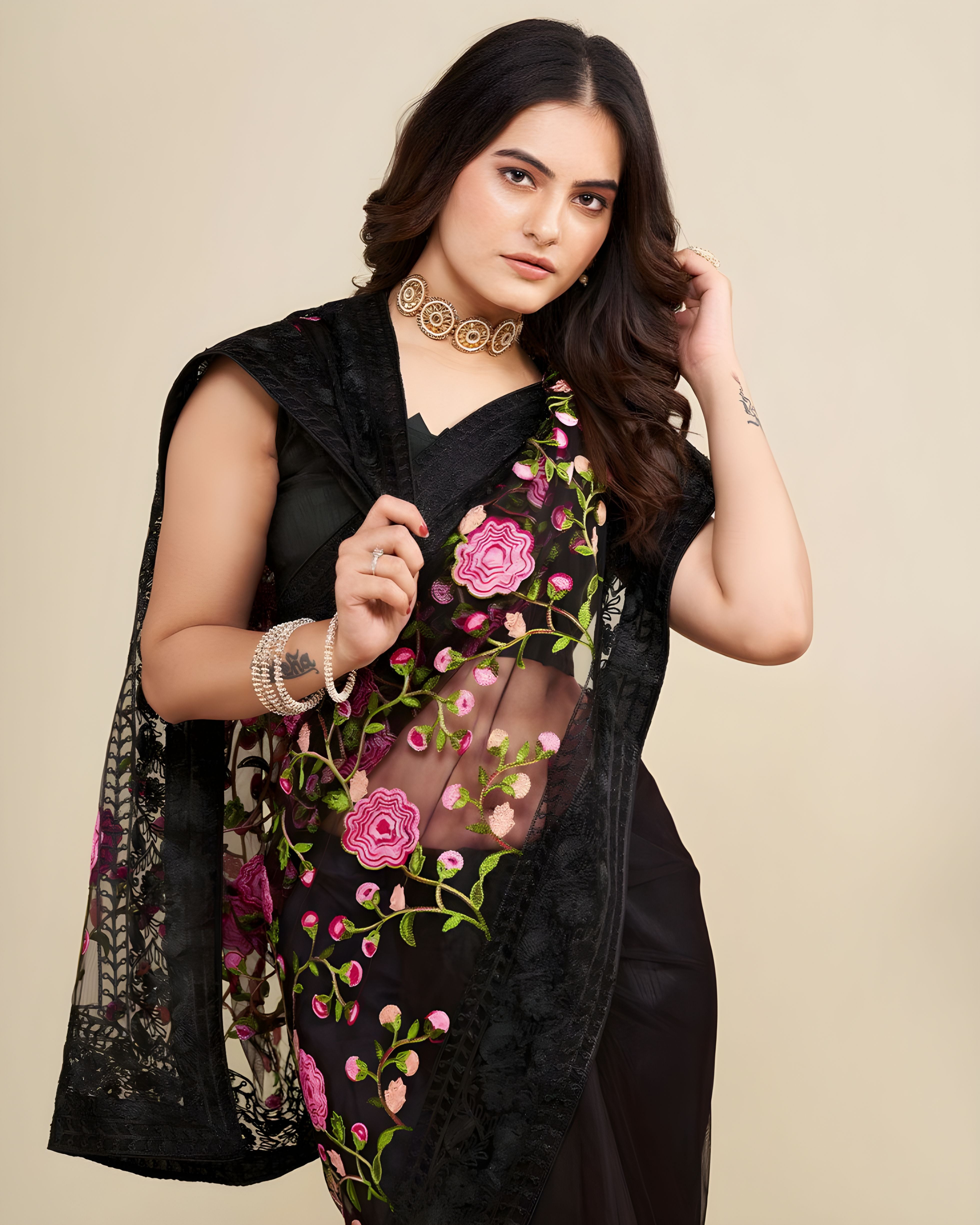 Black Soft Net Saree with C Pallu Chikankari Embroidery Work