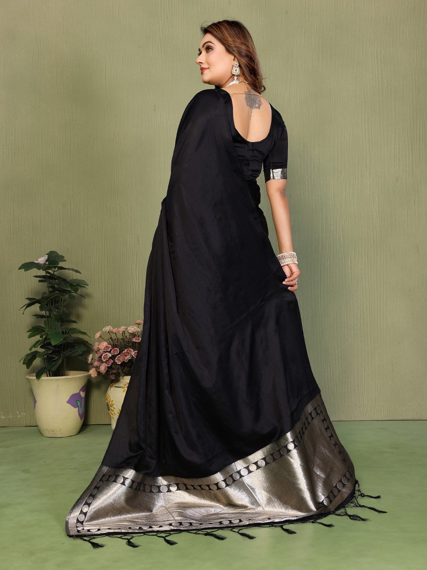 Black Soft Satin Silk Saree With Classic Zari Weaving