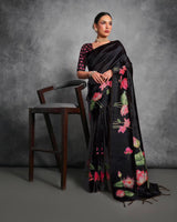Black Soft Tussar Silk Saree with Print and Small Zari Border
