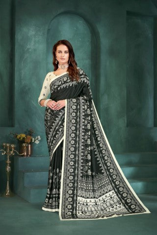 Black Sophisticated Position Digital Foil Printed Crepe Silk Saree