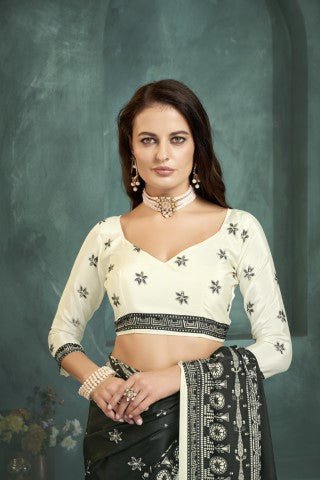 Black Sophisticated Position Digital Foil Printed Crepe Silk Saree