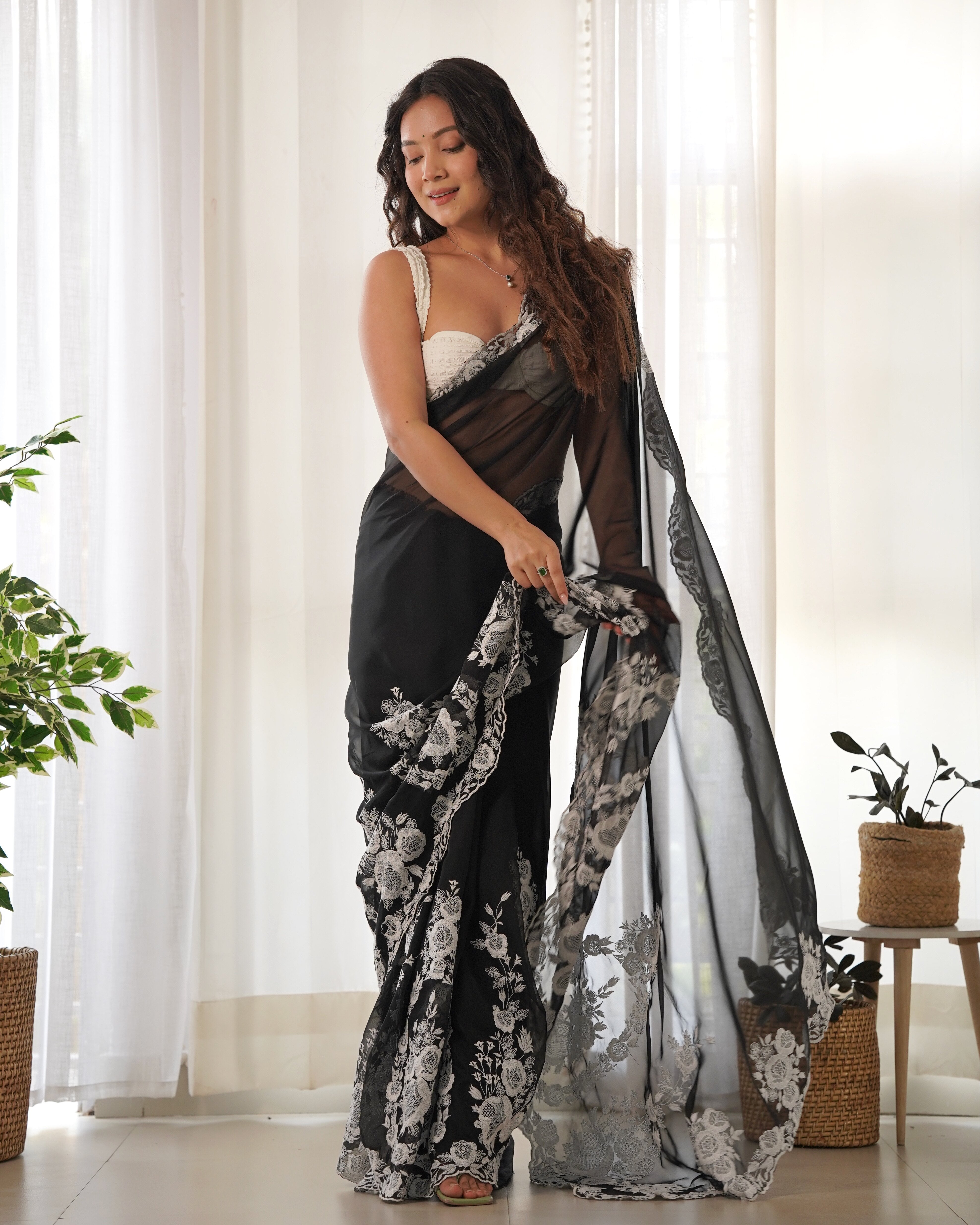 Black Thai Organza Silk Fancy Thread Embroidery With Cut Dana Work Saree