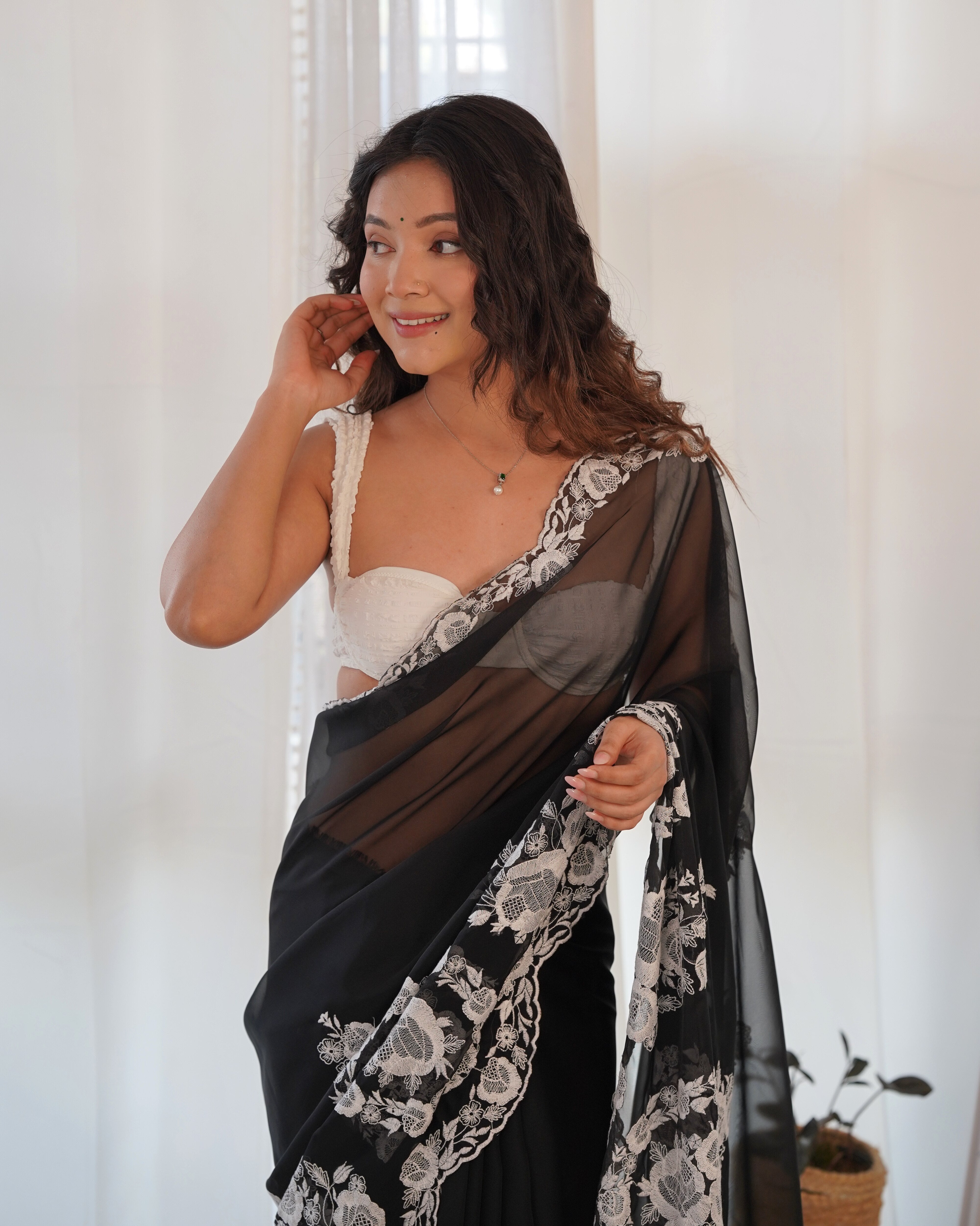 Black Thai Organza Silk Fancy Thread Embroidery With Cut Dana Work Saree