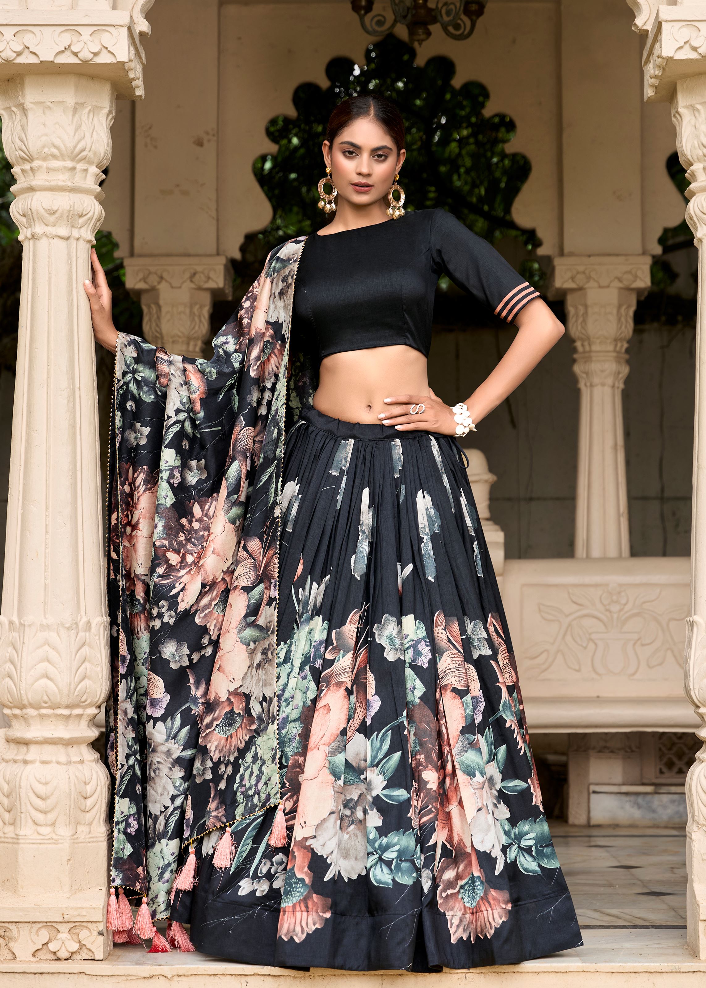 Black Tussar Silk Lehenga with Floral Print & Lace Grace