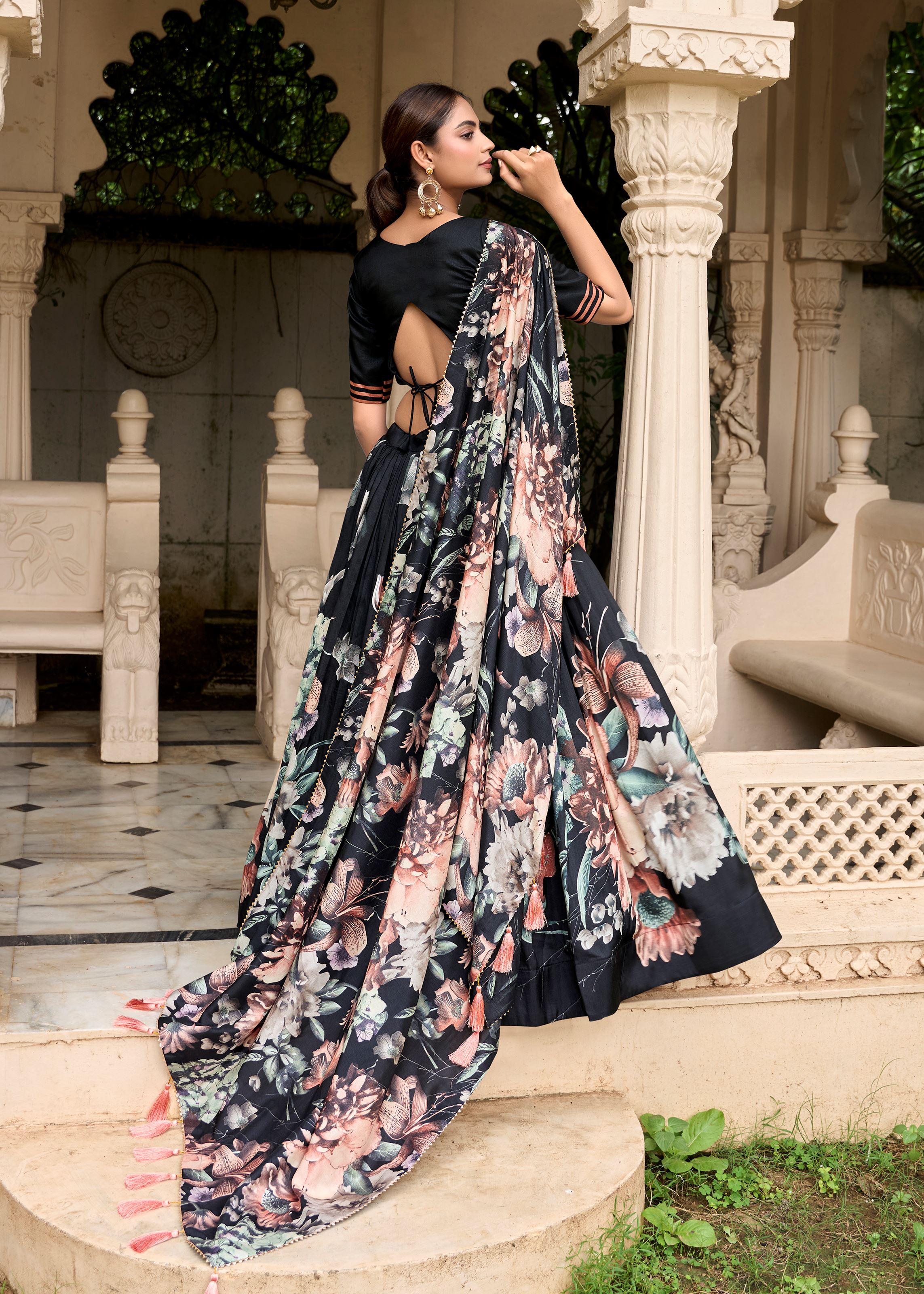 Black Tussar Silk Lehenga with Floral Print & Lace Grace