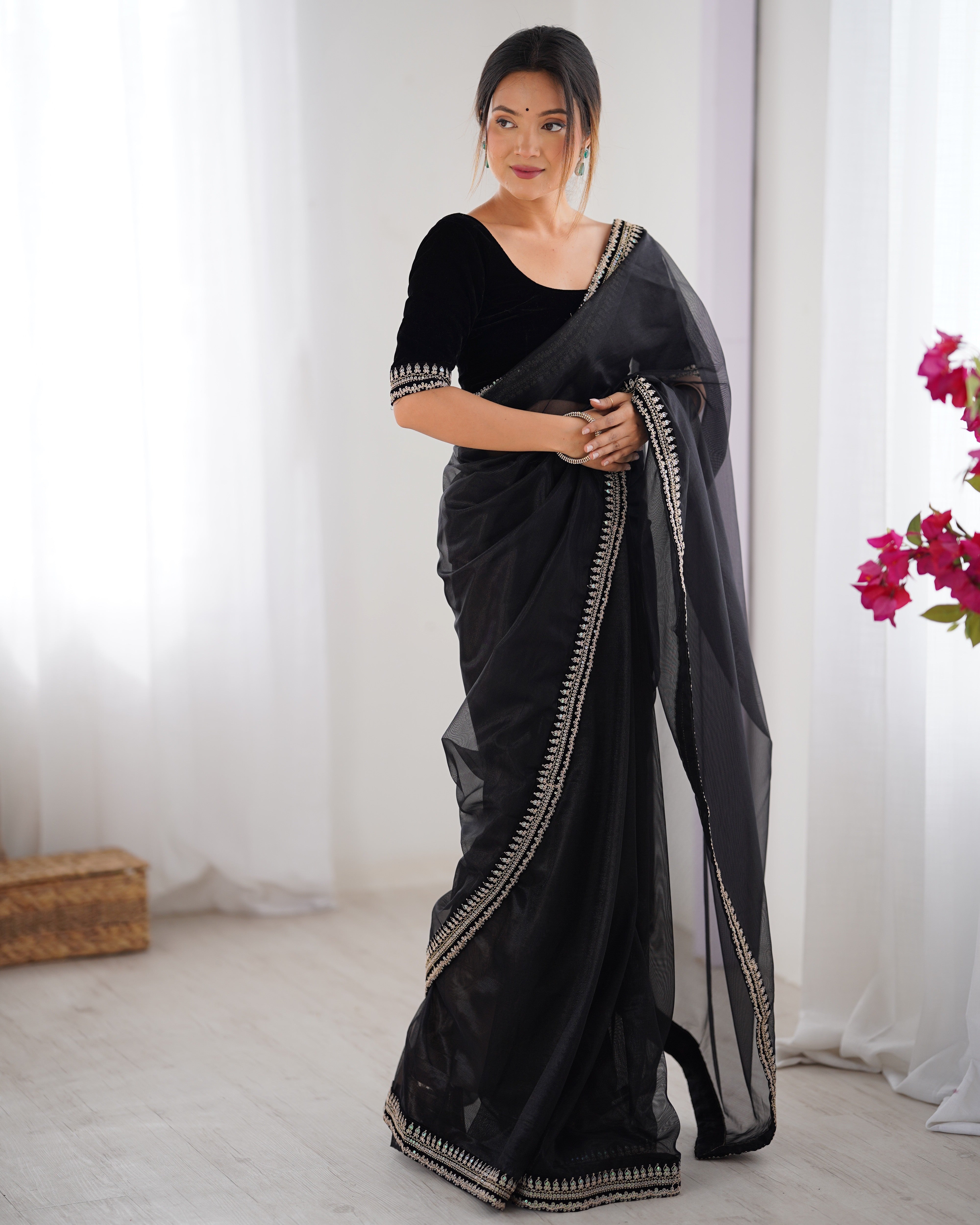 Black Twill Net Beautiful Sophisticated Rich Girlie Saree