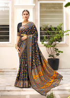 Black Velvet Tussar Silk Woven Designer With Floral Printed Ethnic Wedding Wear Saree