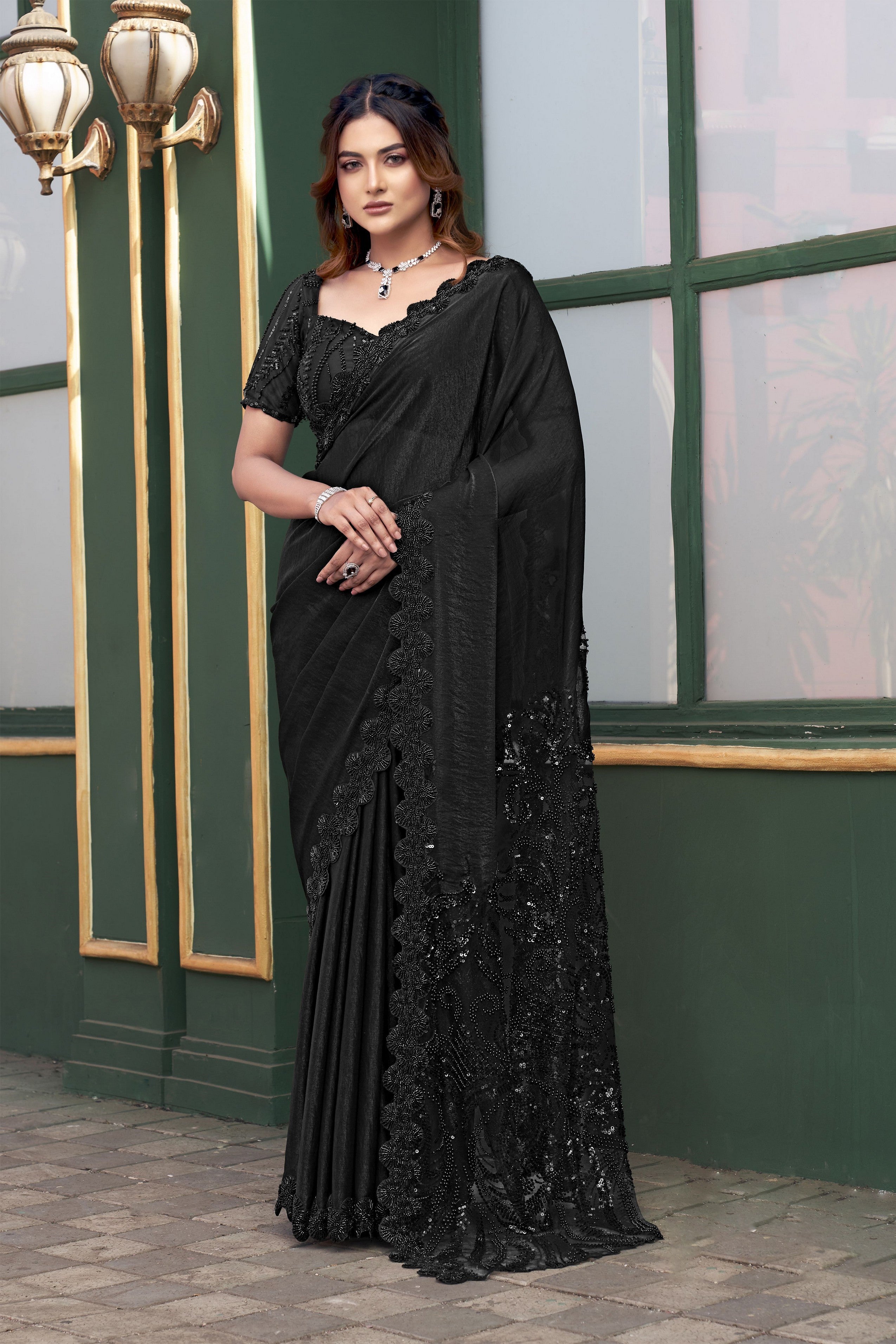 Black Versace Illusion Designer Sequence Embroidery With Hand Beads Stone Work Wedding Season Saree