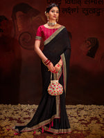 Black Vichitra Silk Saree With  Heavy Diamond Work and Embroidery  Lace Border