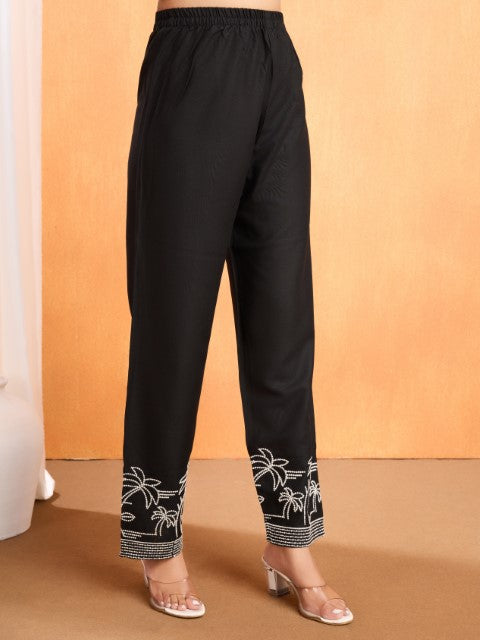 Black Vicose Rayon Kurta Pant With Thread Embroidery Work
