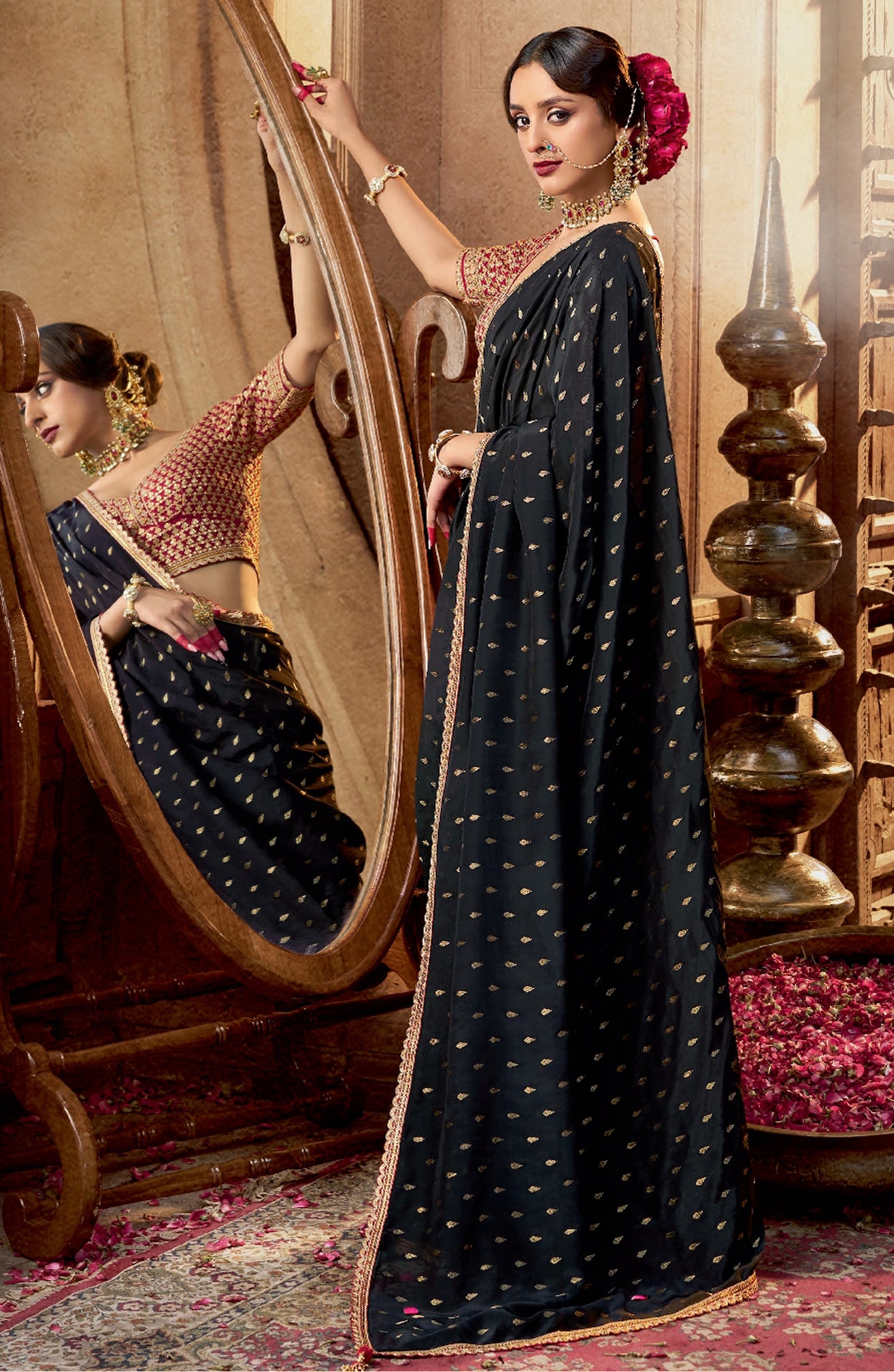 Black Viscose Crepe Saree with Butti Weaving and Embroidered Blouse