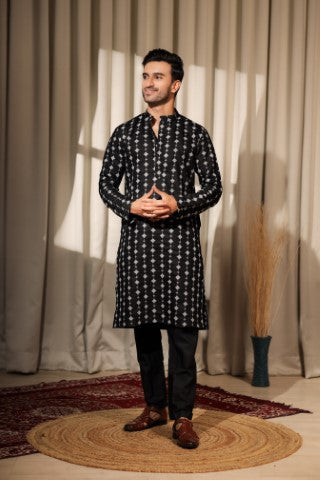 Black Viscose Designer Embroidered Ethnic Ceremonial Kurta Pajama